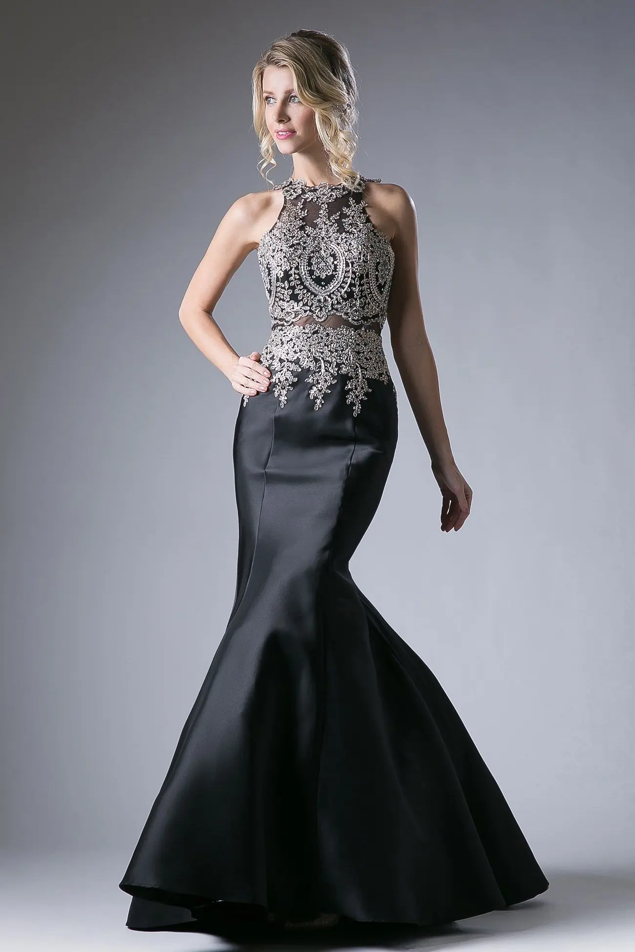 Fitted Mermaid Gown with Lace Halter Neckline by Tux-USA