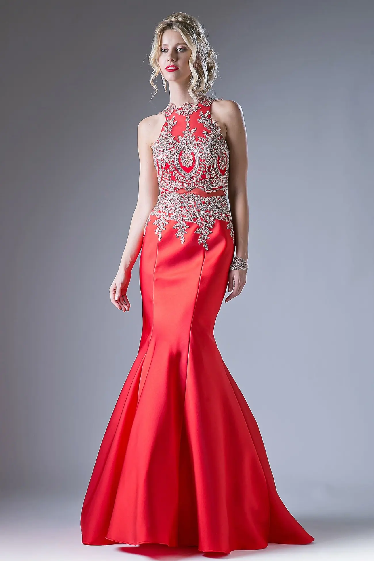 Fitted Mermaid Gown with Lace Halter Neckline by Tux-USA
