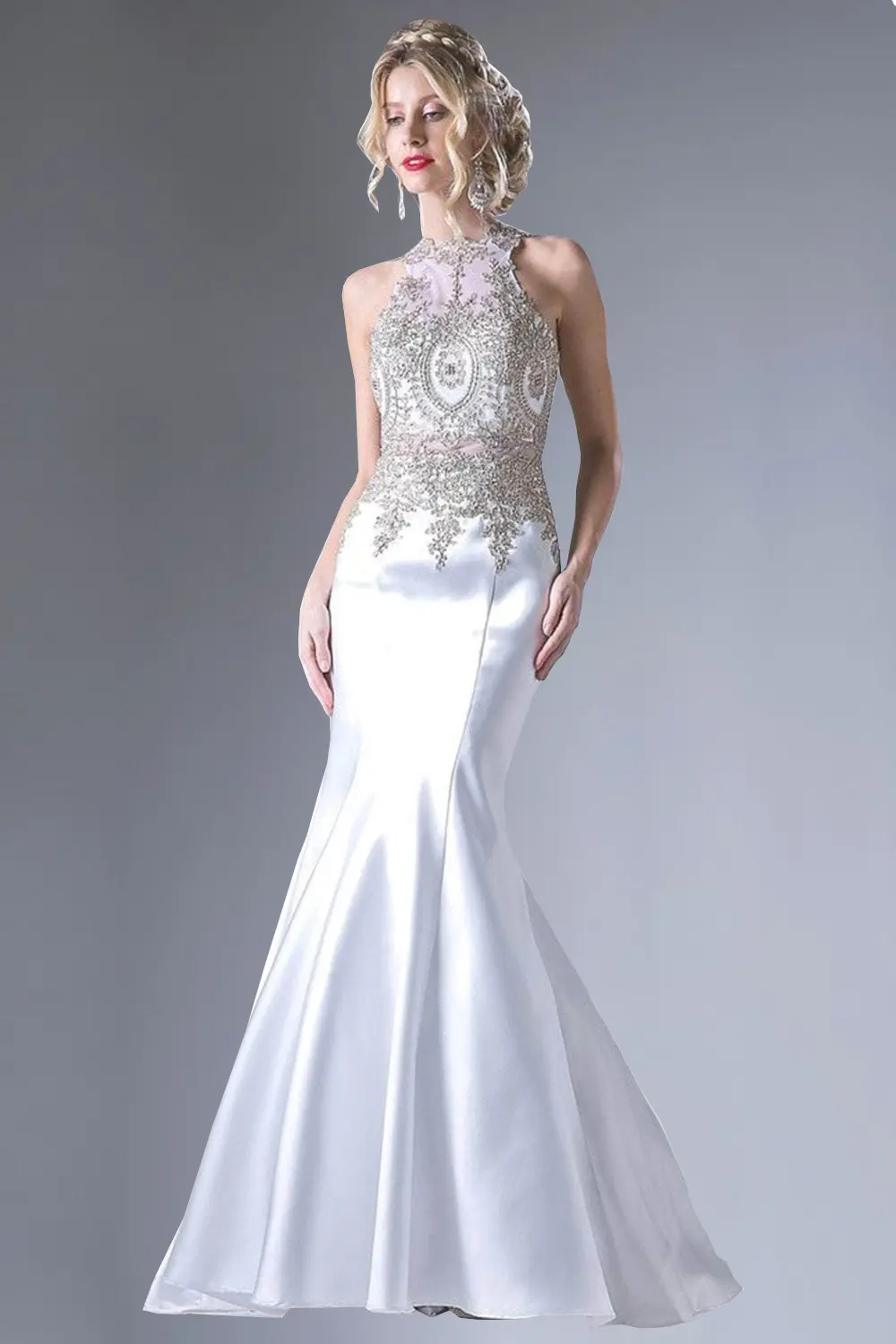 Fitted Mermaid Gown with Lace Halter Neckline by Tux-USA
