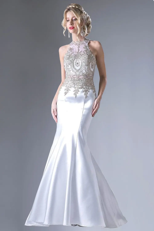 Fitted Mermaid Gown with Lace Halter Neckline by Tux-USA