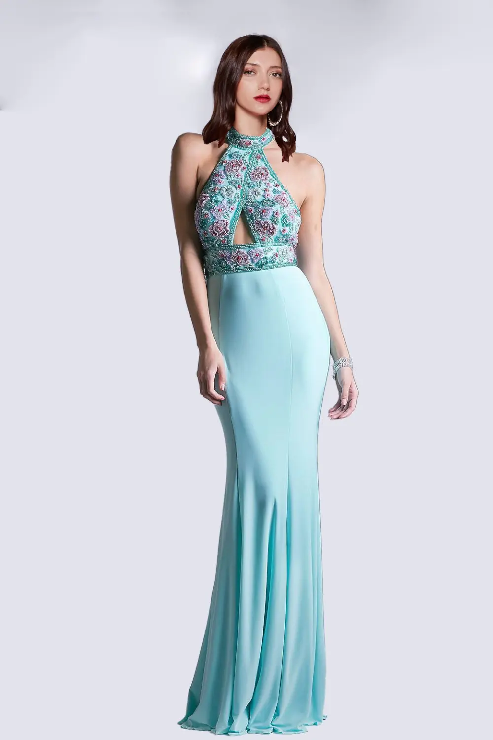 Fitted Jersey Gown with Beaded Halter Neckline by Tux-USA