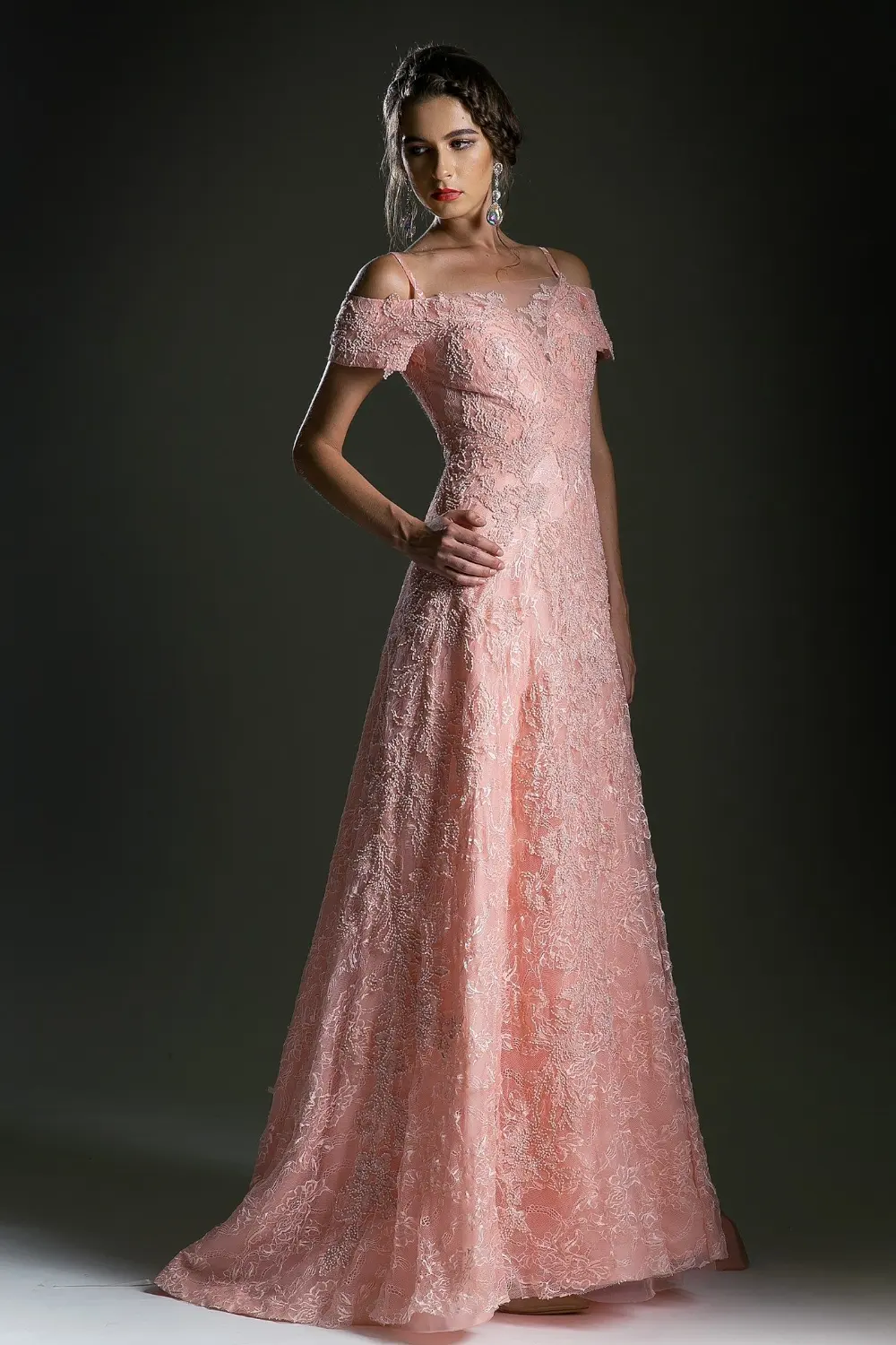 Off Shoulder Floral Lace Gown by Tux-USA