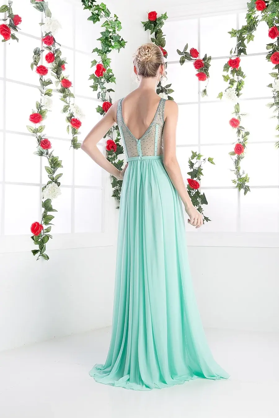 A-line Stretch Nesh Gown With Illusion Bodice by Tux-USA