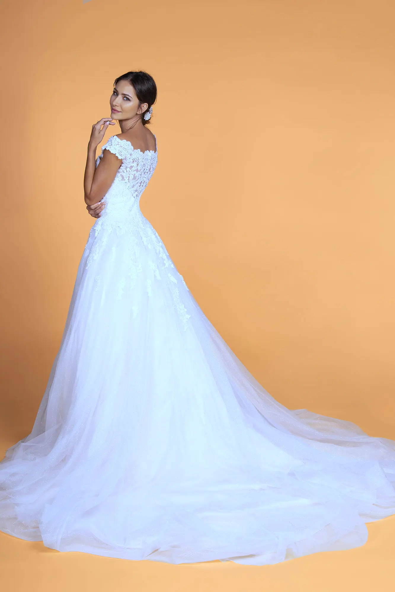 Boat-Neck Embroidered Mesh A-Line Wedding Gown by Tux-USA