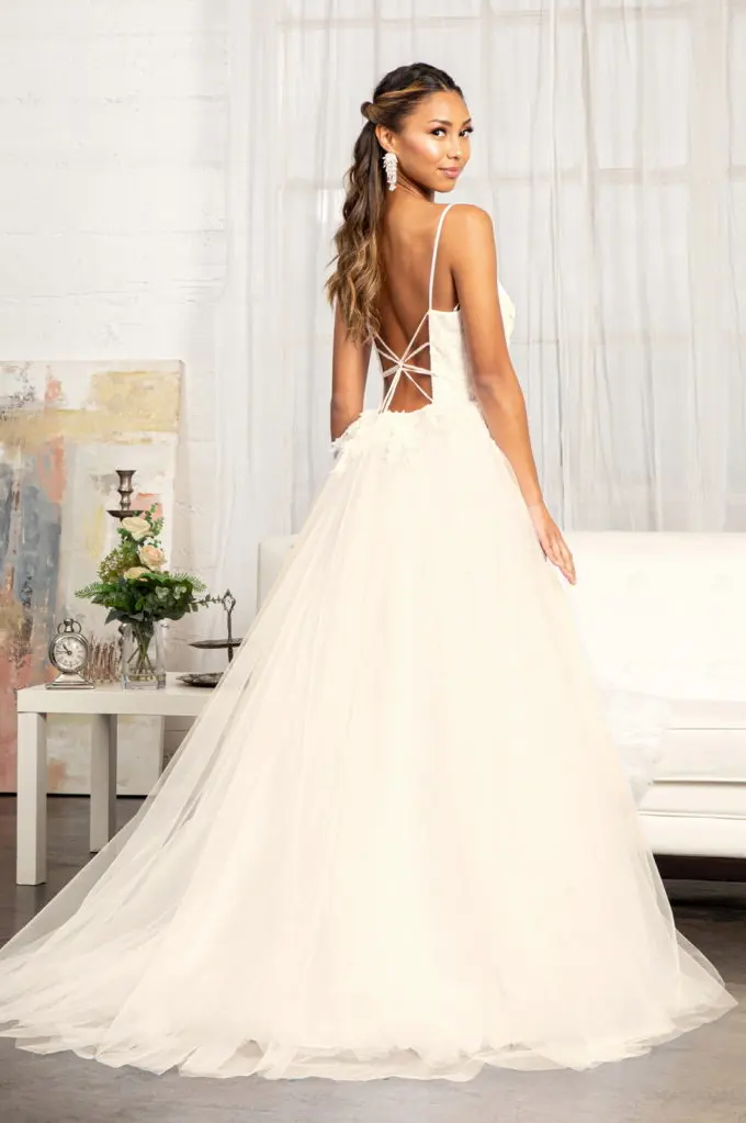 Embroidery & 3D Floral Applique Embellished V-Neck Mesh Wedding Dress by Tux-USA
