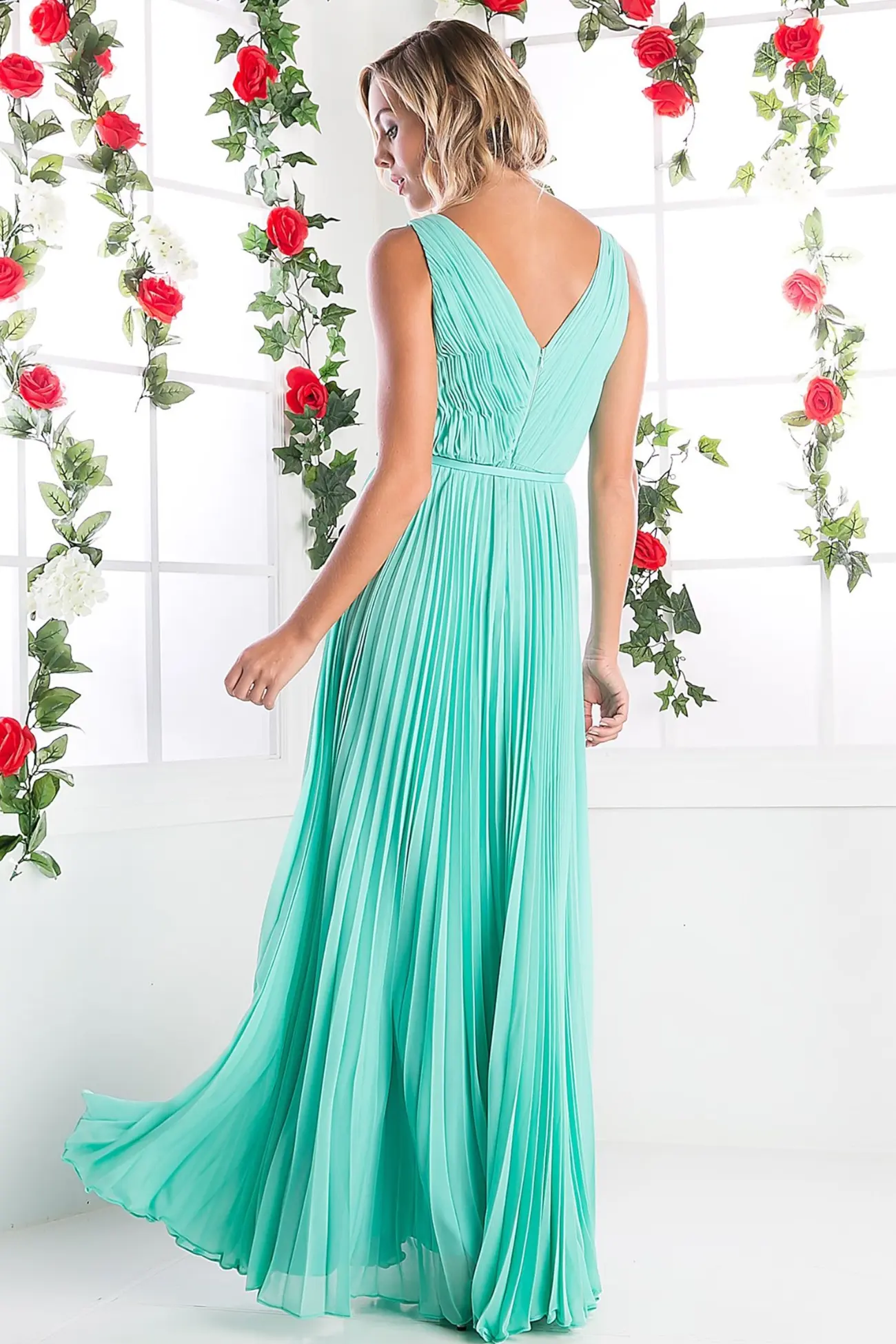 Long Chiffon Sleeveless Dress With Belt by Tux-USA