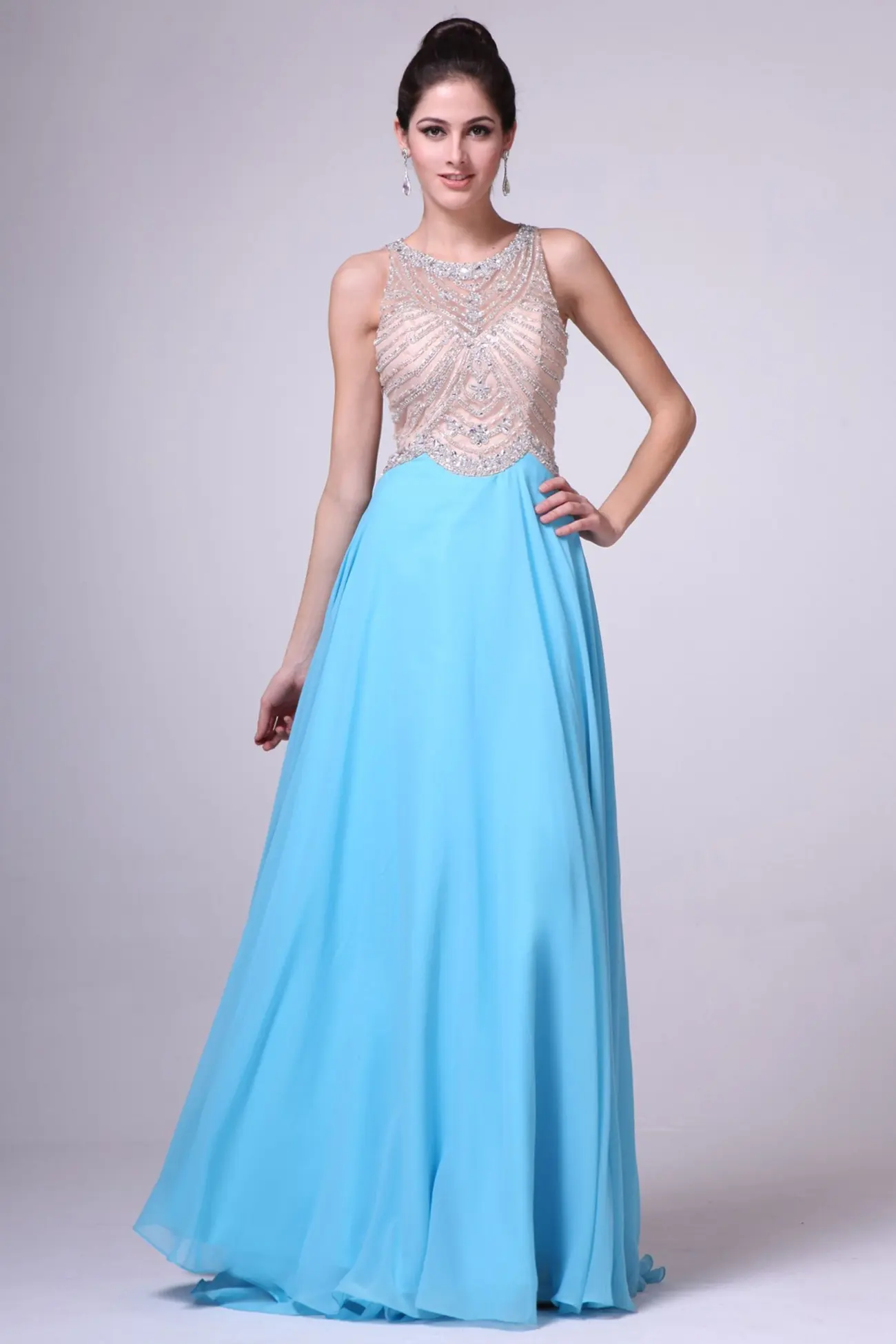 Long A-Line Skirt with Illusion Jewel Neckline by Tux-USA