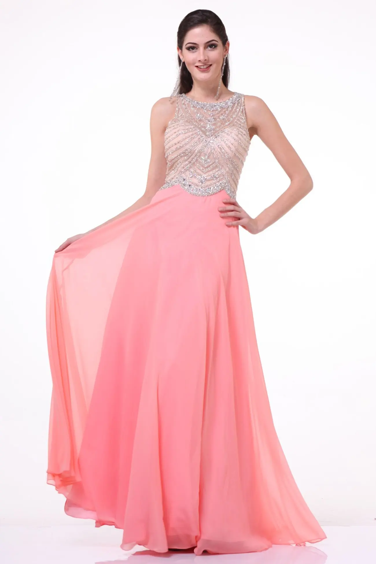 Long A-Line Skirt with Illusion Jewel Neckline by Tux-USA