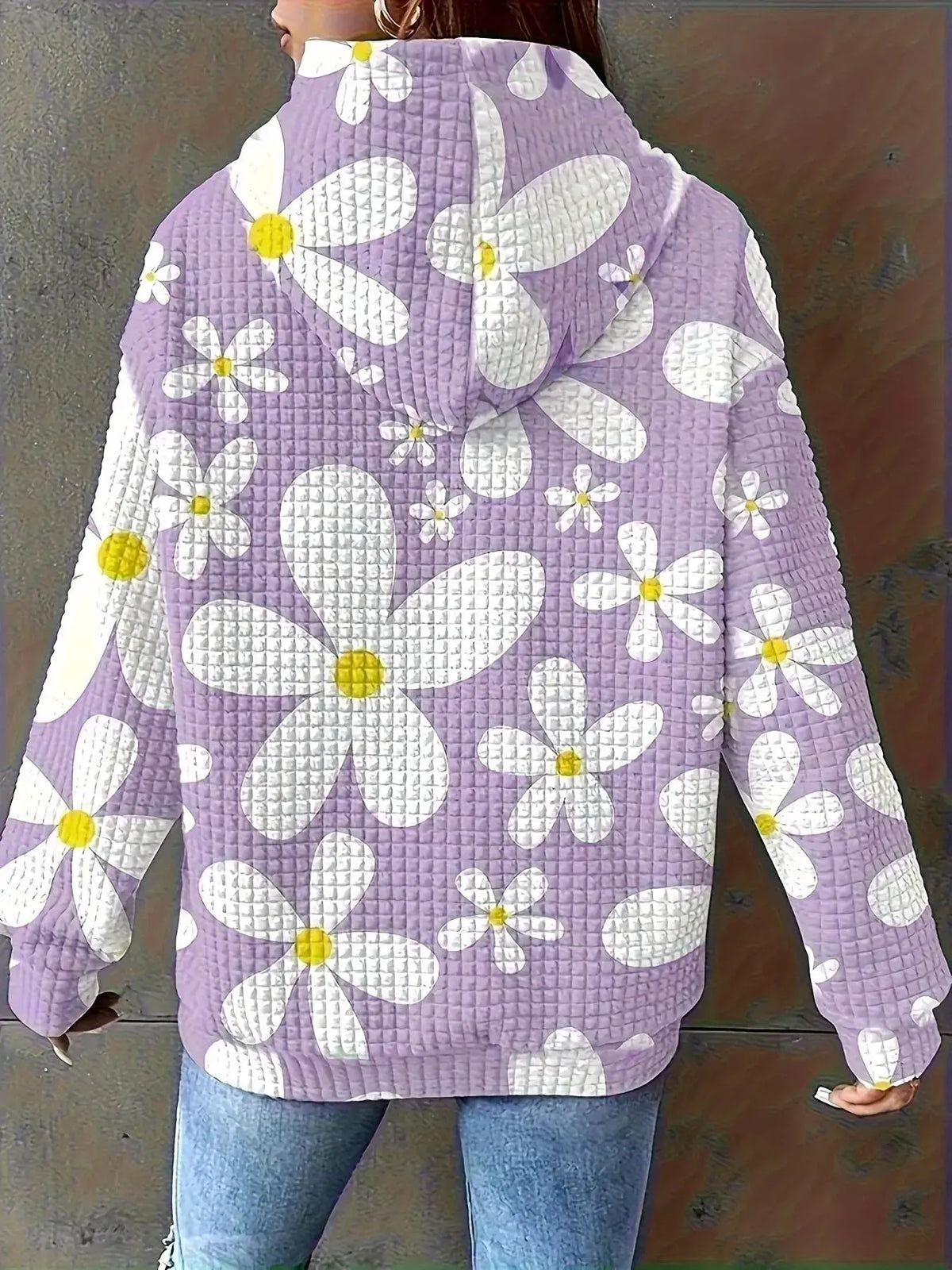 Floral Print Textured Drawstring Hoodie by Partner Label
