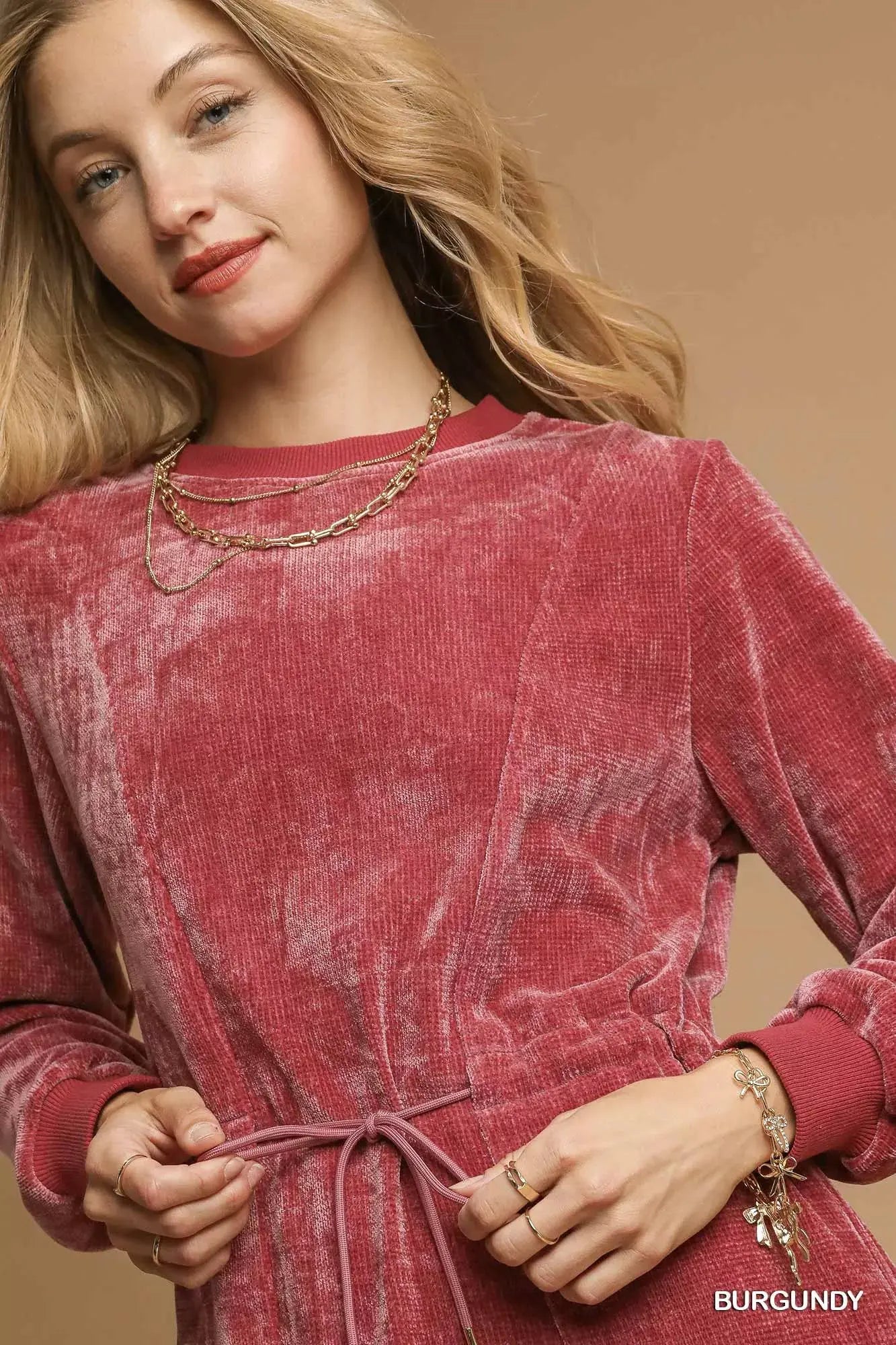 Umgee Velour Drawstring Mini Dress with Long Sleeves by Umgee
