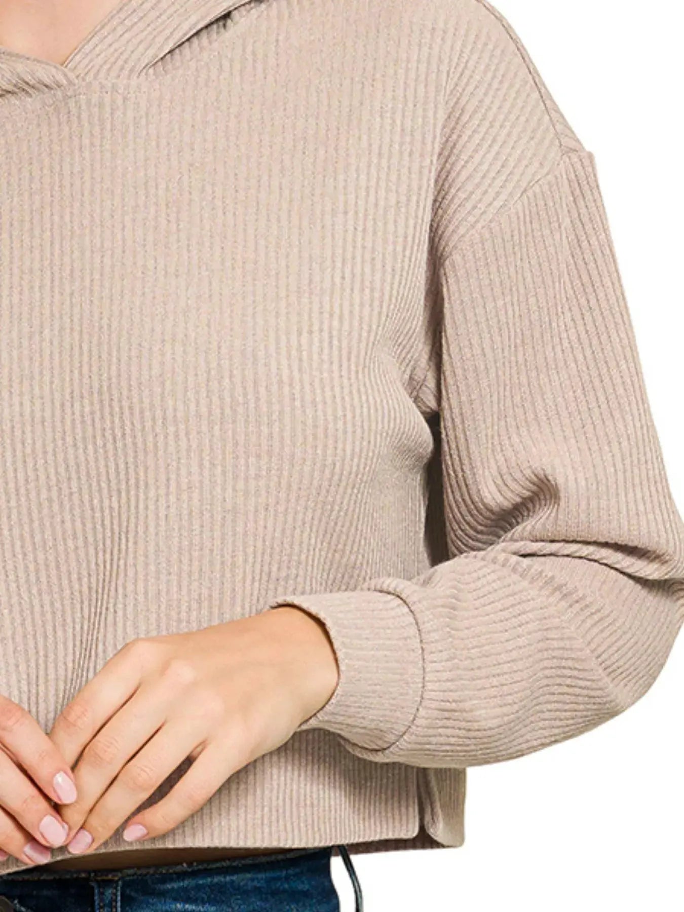Zenana Drop Shoulder Ribbed Crop Hoodie by Zenana