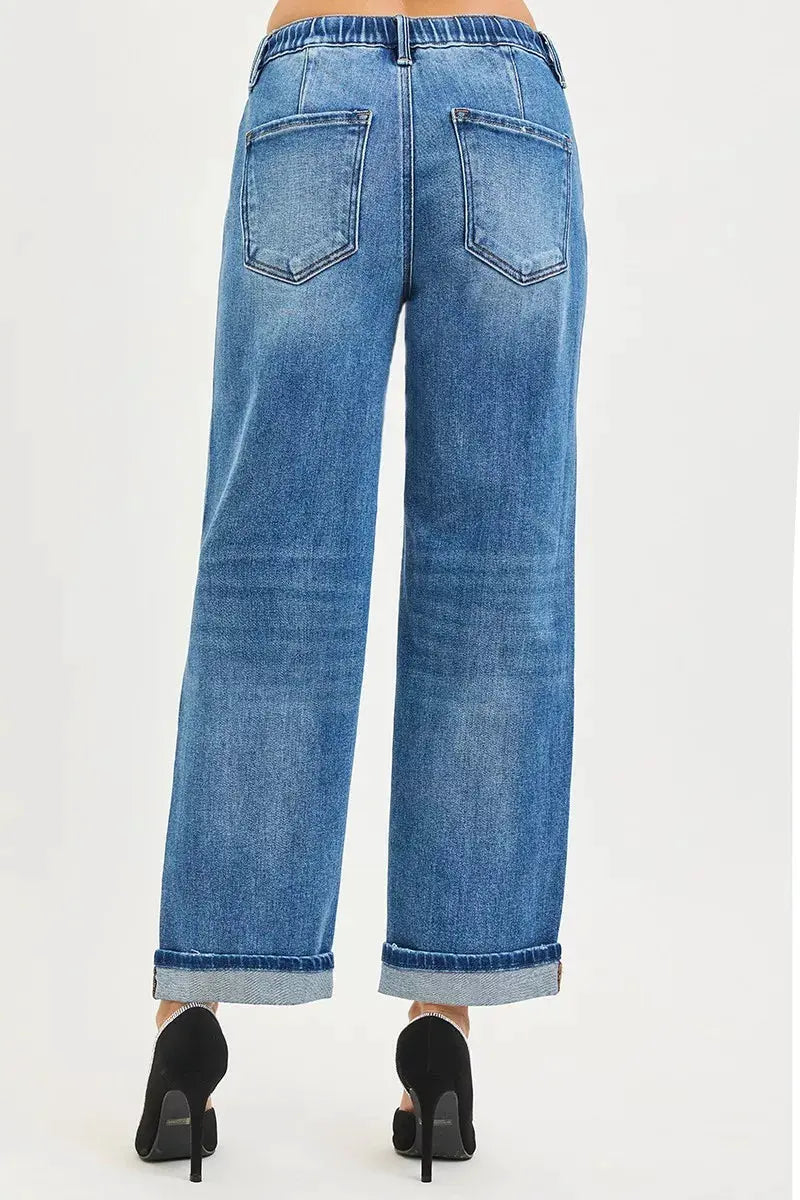 RISEN Elastic Band Slouch Ankle Boyfriend Cuffed Hem Jeans by RISEN