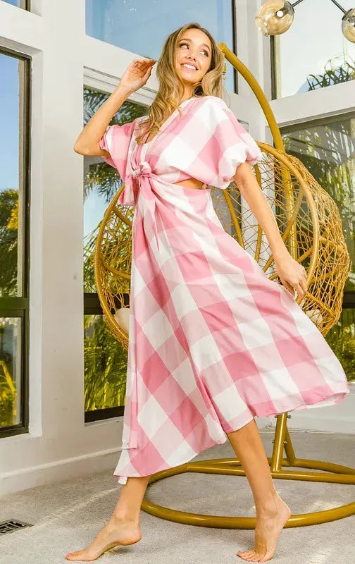 BiBi Front Tied Puff Sleeve Checkered Dress with Cut Out Detail by BiBi