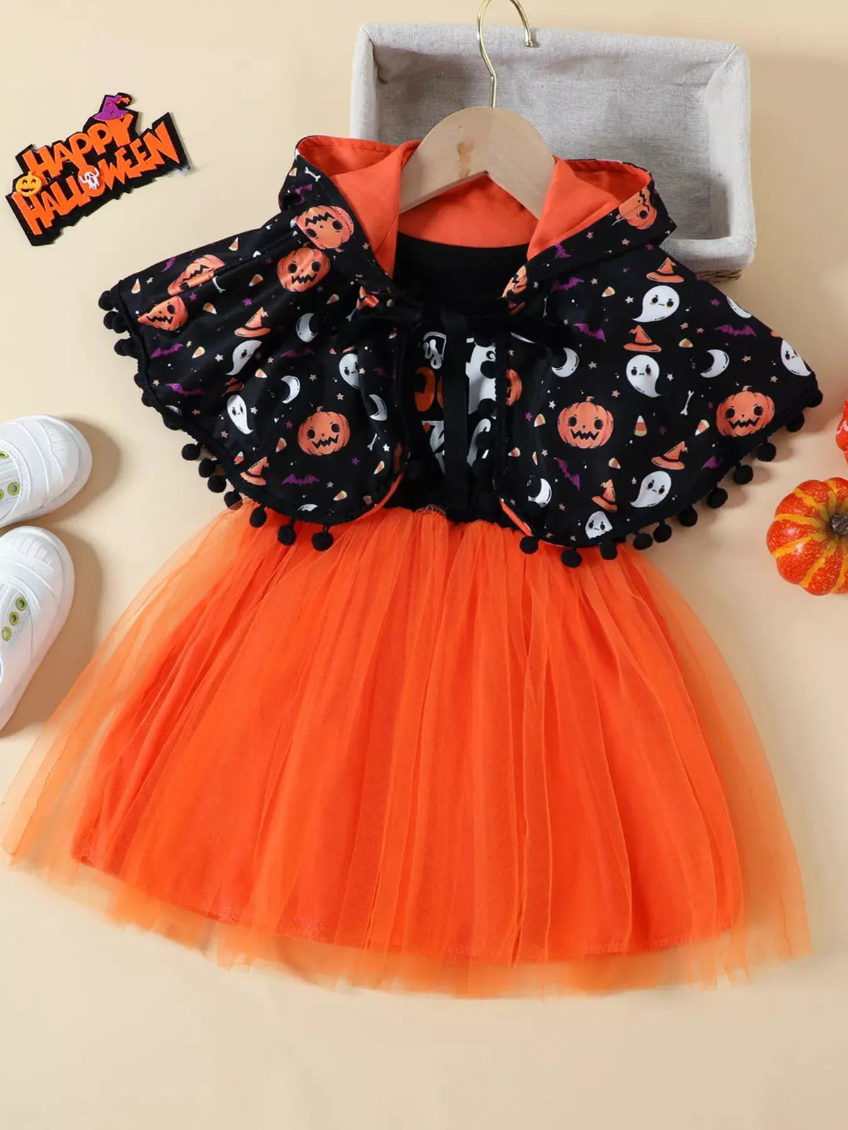 Children's Halloween Ghost Dress and Hooded Cape Set by Trendsi