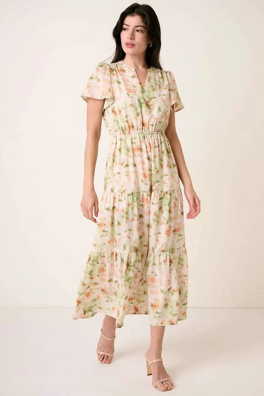Mittoshop Flower Print Flutter Sleeve V Slit Maxi Dress by Mittoshop