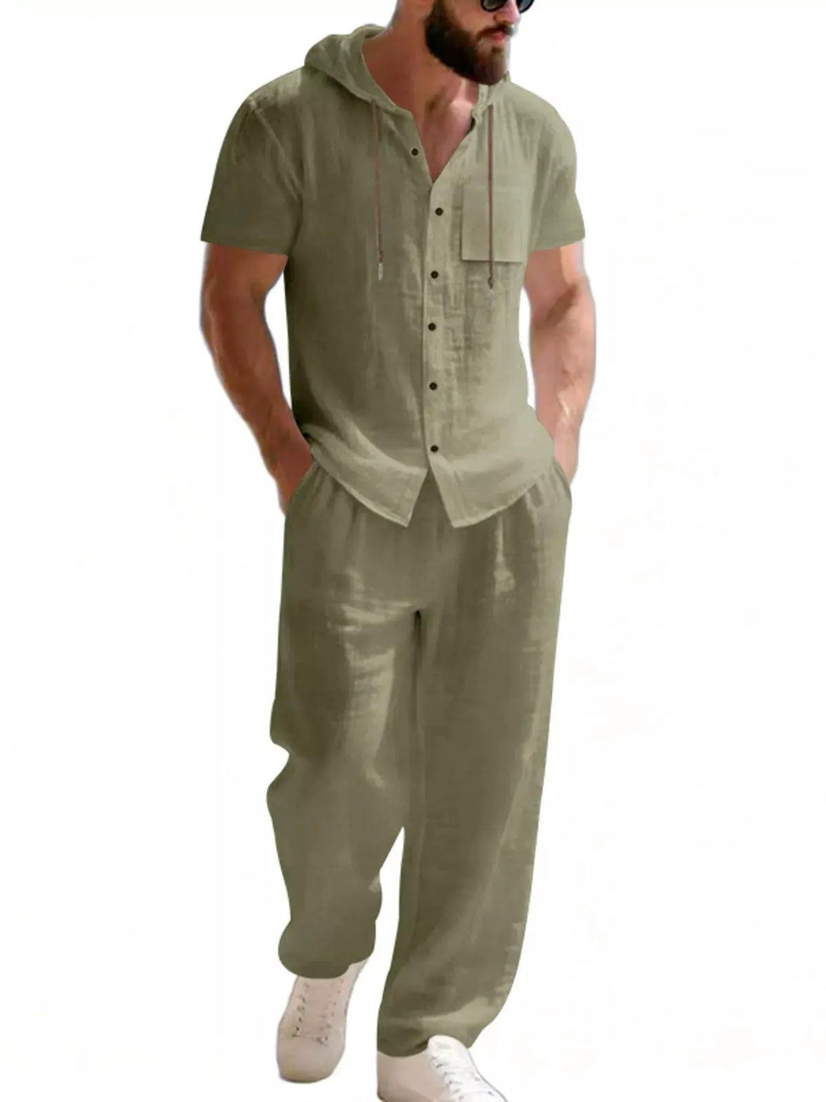 Men's Full Size Casual Hooded Short Sleeve Shirt and Pants Two-Piece Set Plus Size by Trendsi