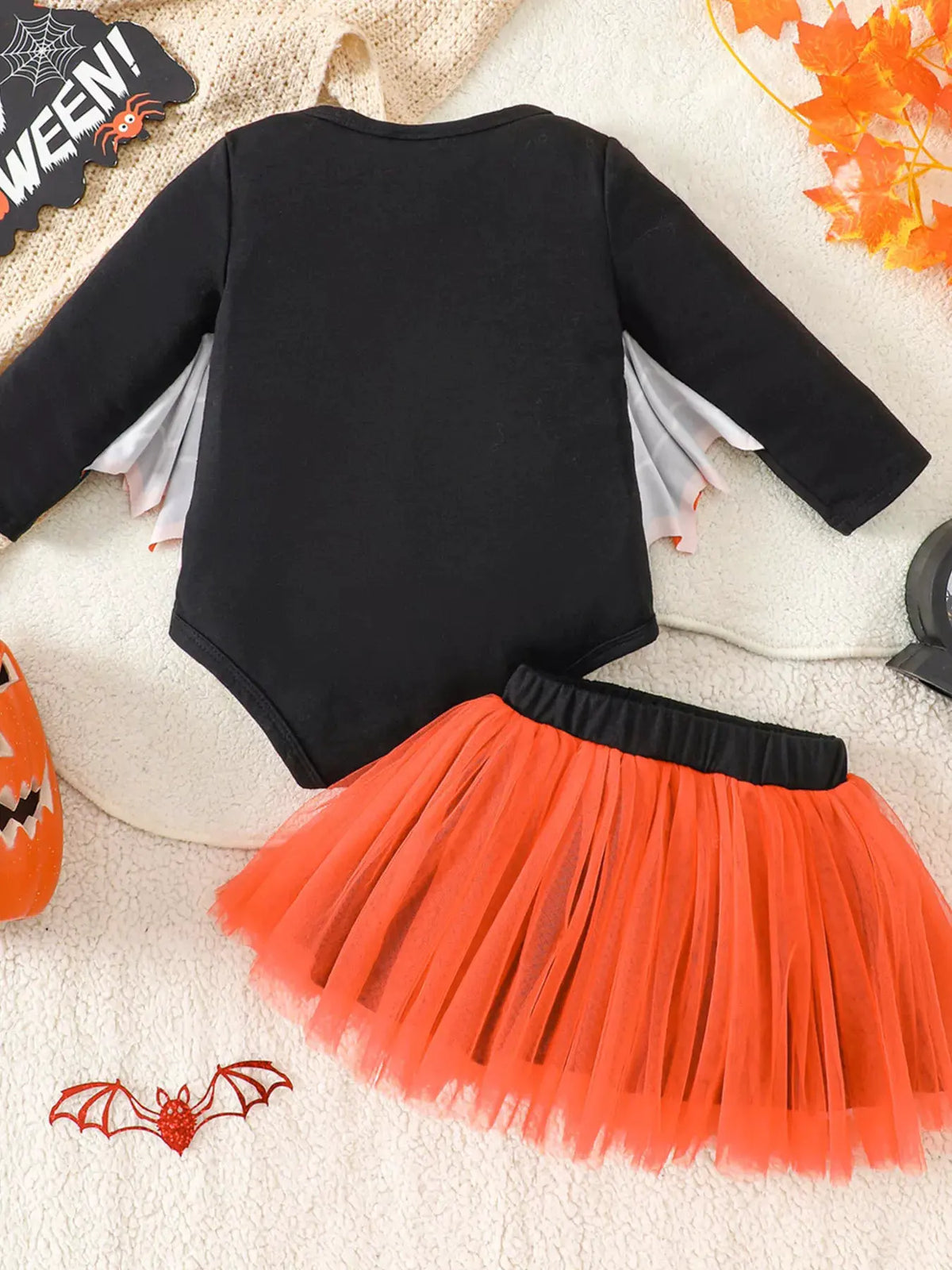 Children's Halloween 'Fab-Boo-Lous' Bat Wing Long Sleeve Top and Tulle Skirt Set by Trendsi