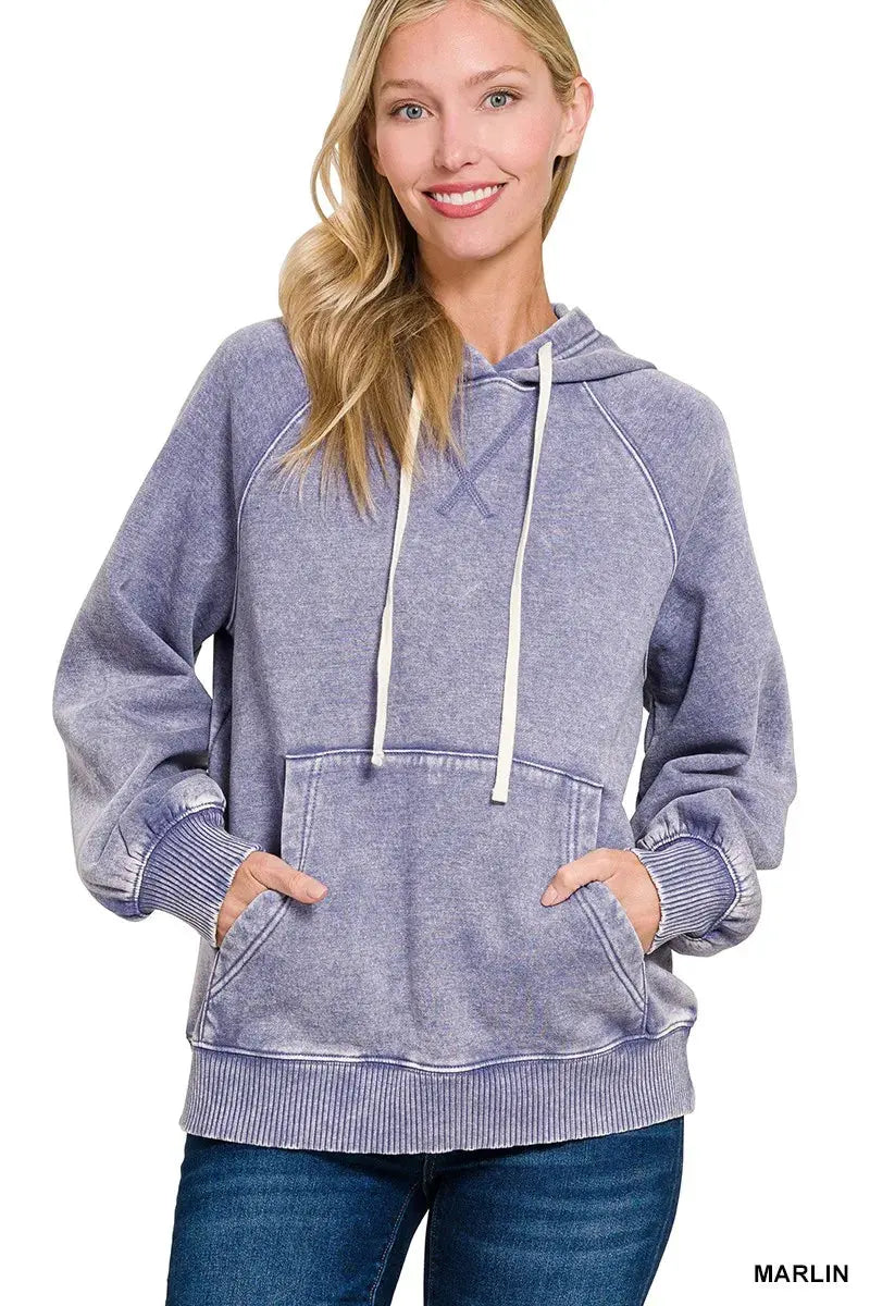 Zenana Acid Wash Fleece Hoodie with Kangaroo Pocket by Zenana