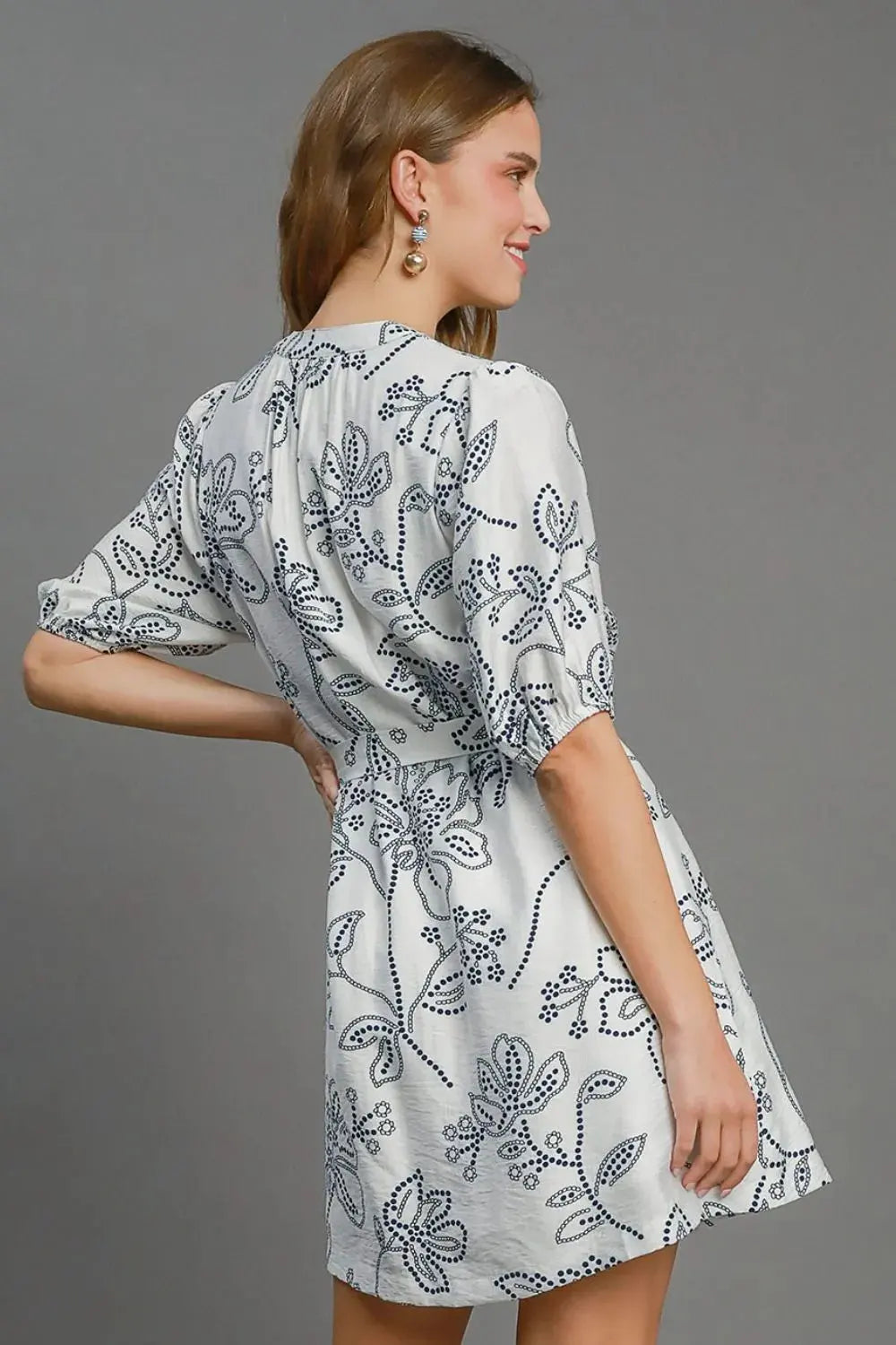 Umgee Full Size Floral Print Notched Puff Sleeve Mini Dress Plus Size by Umgee
