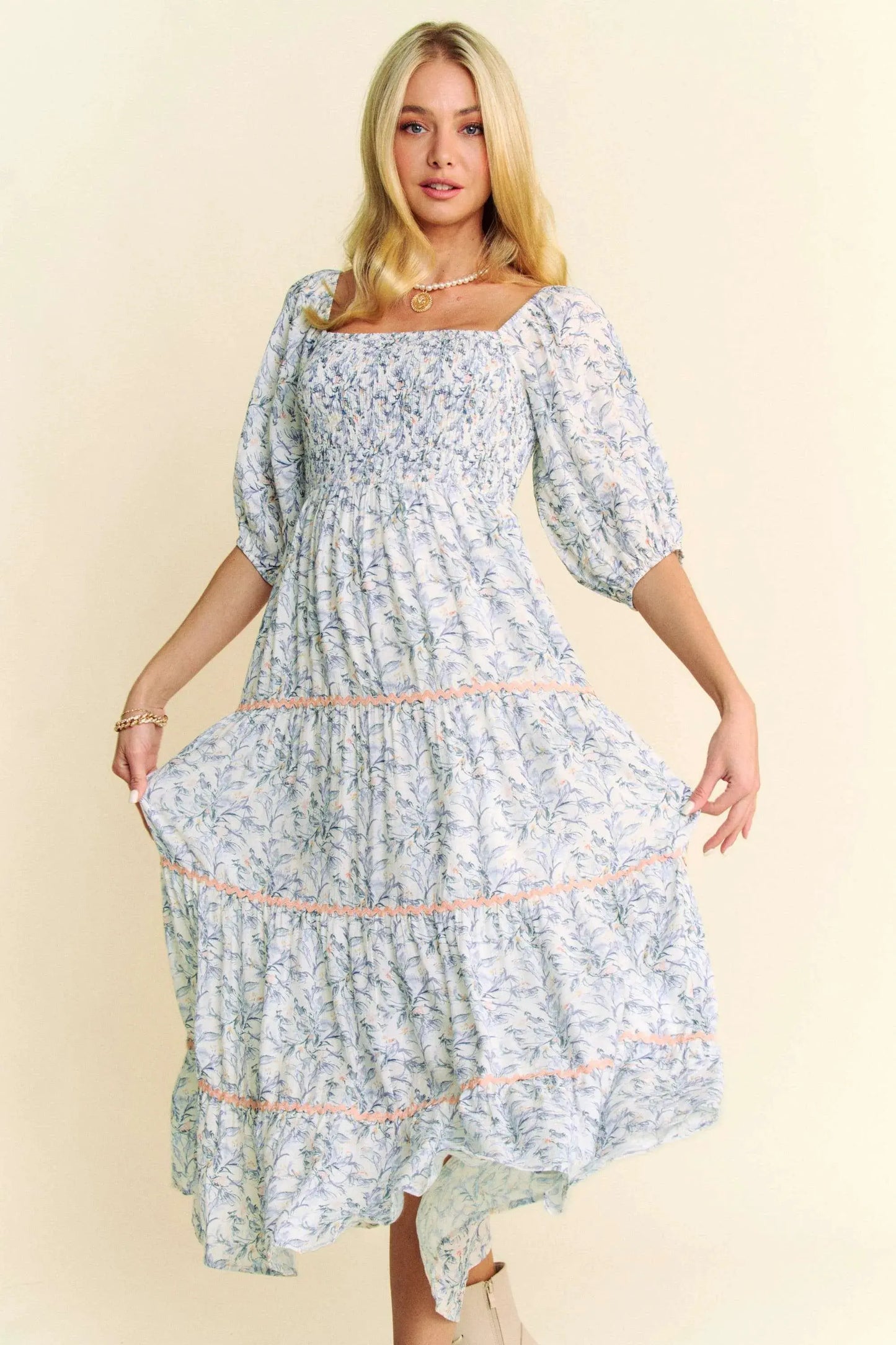 Davi & Dani Contrast Ric Smocking Bodice Tiered Midi Dress by Davi & Dani