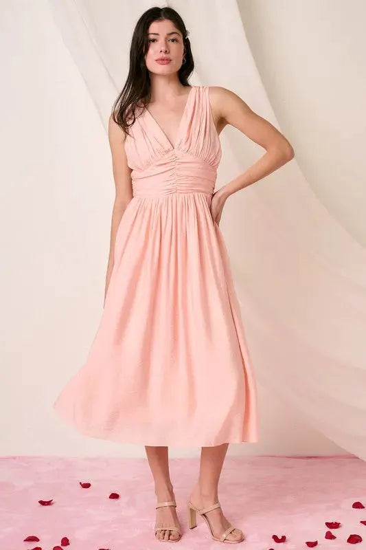 Mittoshop Ruched V-Neck Sleeveless Midi Dress by Mittoshop