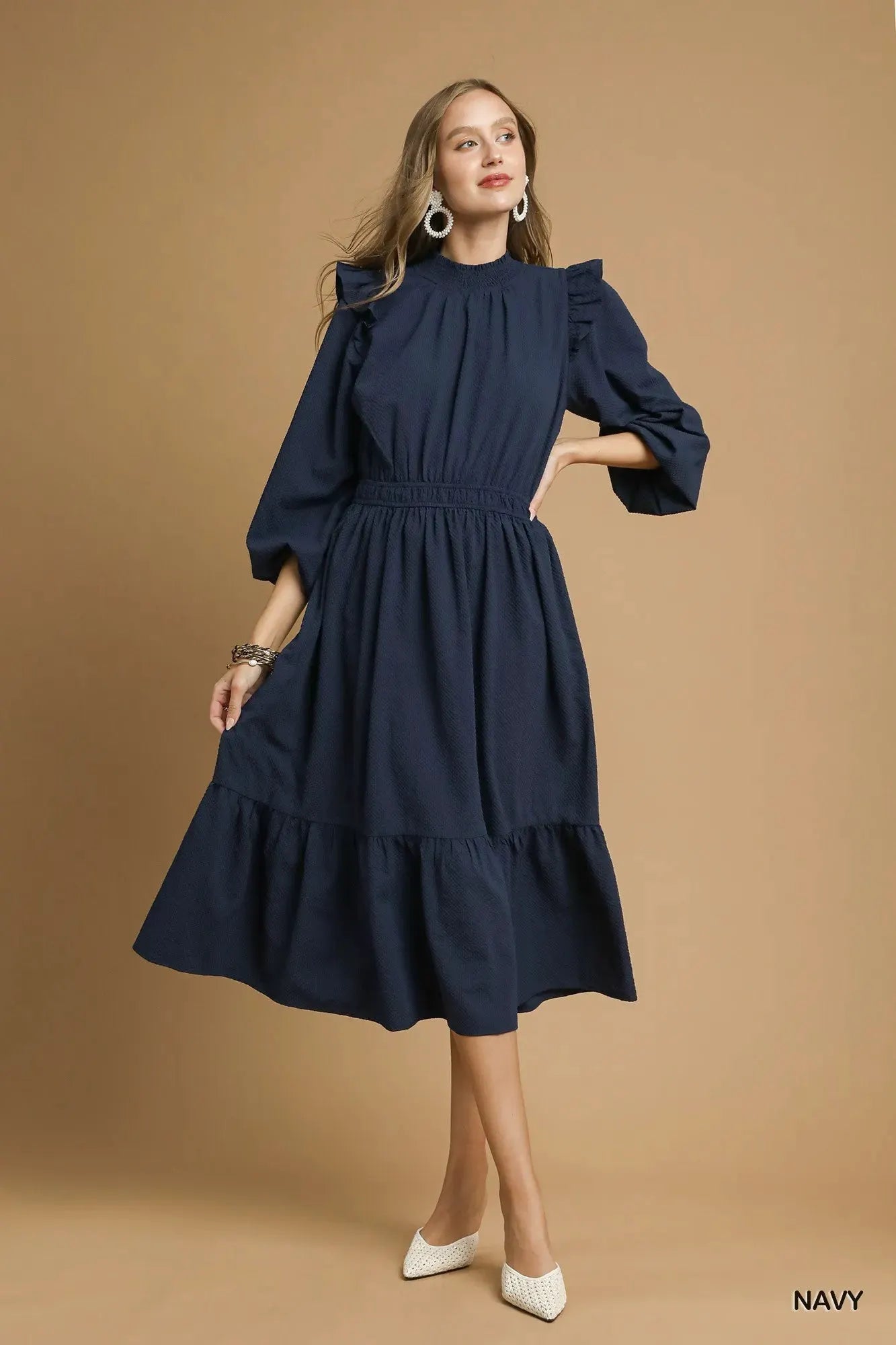 Umgee Textured Midi Dress with Ruffle Shoulder Detail by Umgee