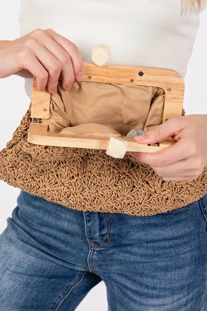 Fame Straw Braided Wooden Frame Cluch Bag by Partner Label