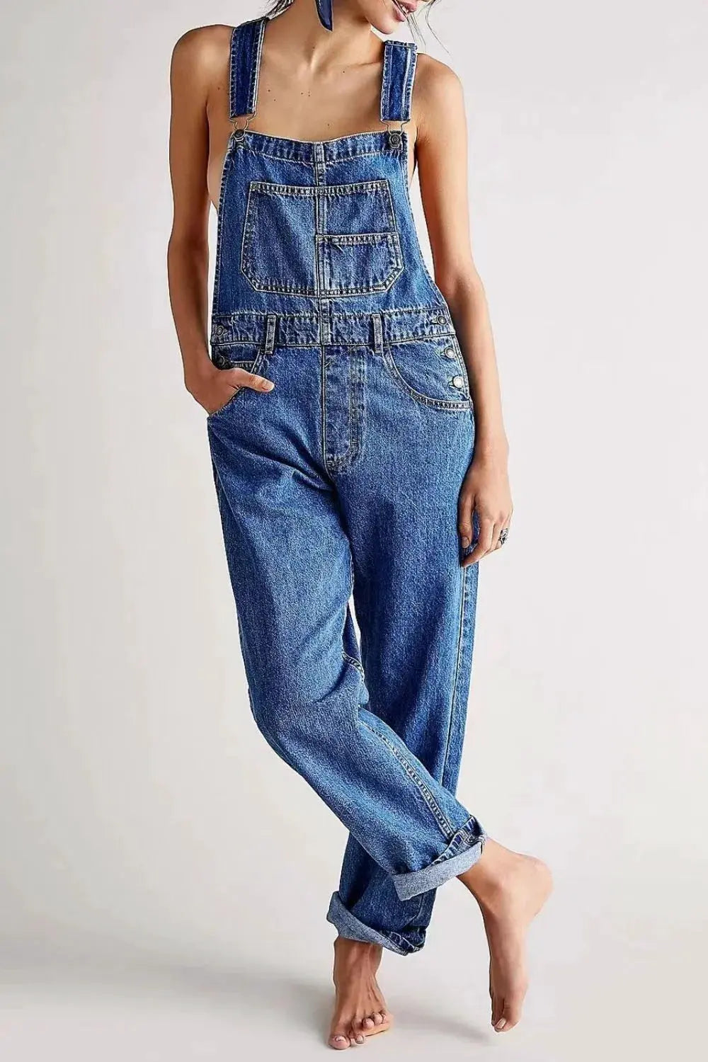 Wide Strap Square Neck Denim Overalls by Partner Labels