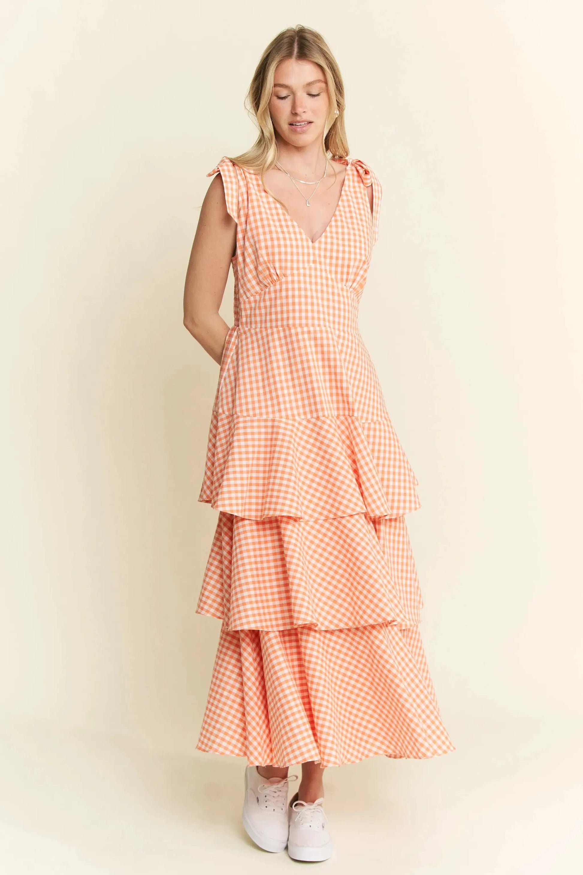 Jade By Jane Sleeveless Gingham Print Tiered Midi Dress by Jade By Jane