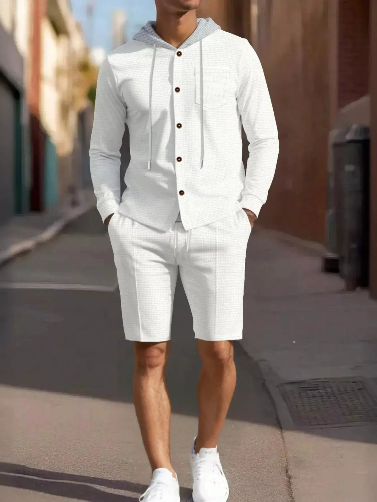 Men's Full Size Casual Hooded Button-Up Top and Shorts Set Plus Size by Trendsi