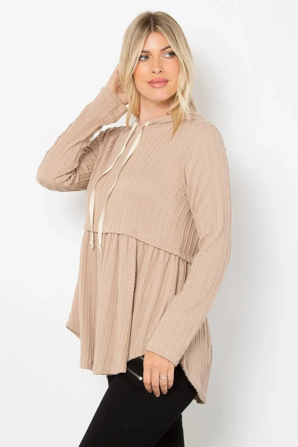 Be Stage Full Size Long Sleeve Peplum Cable Knit Hoodie by BE Stage