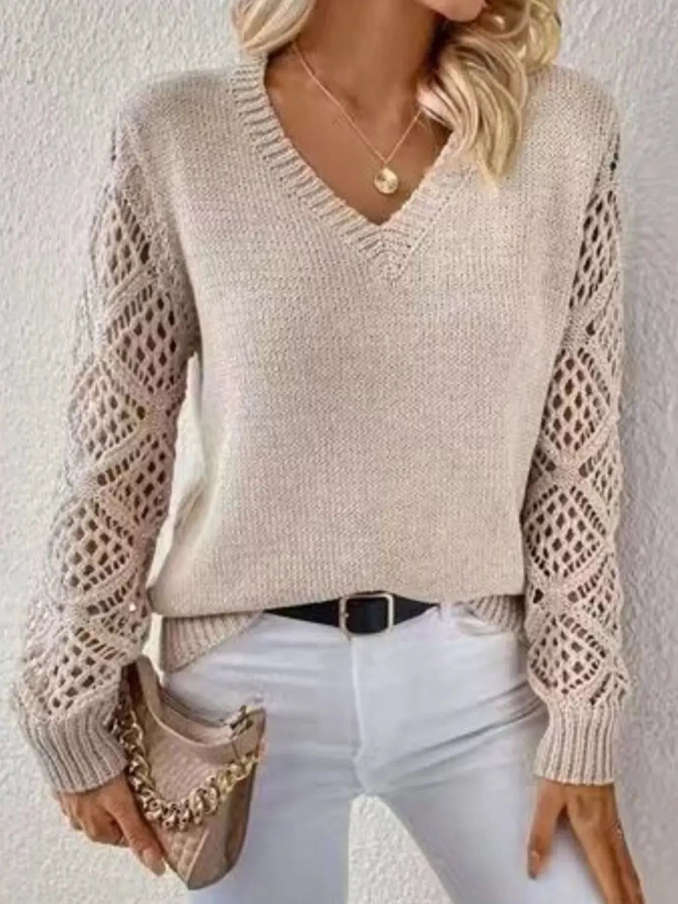 V‑Neck Hollow‑Out Sleeve Knit Sweater | Partner Labels Selection by Partner Label