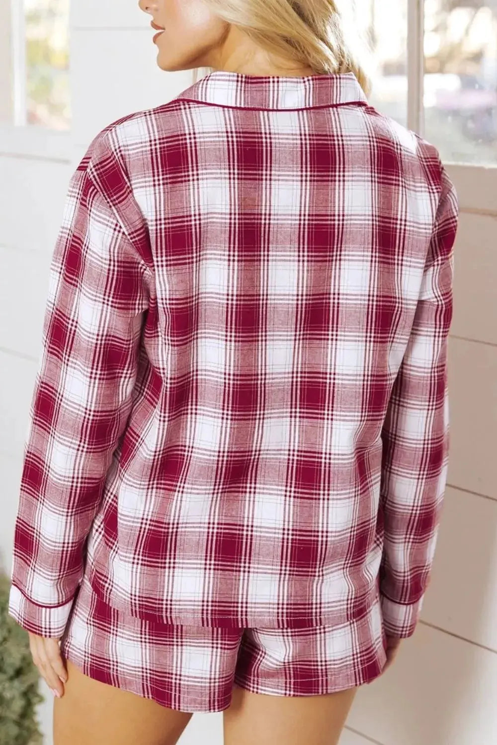 Plaid Long Sleeve Shirt and Drawstring Shorts Lounge Set by Partner Label