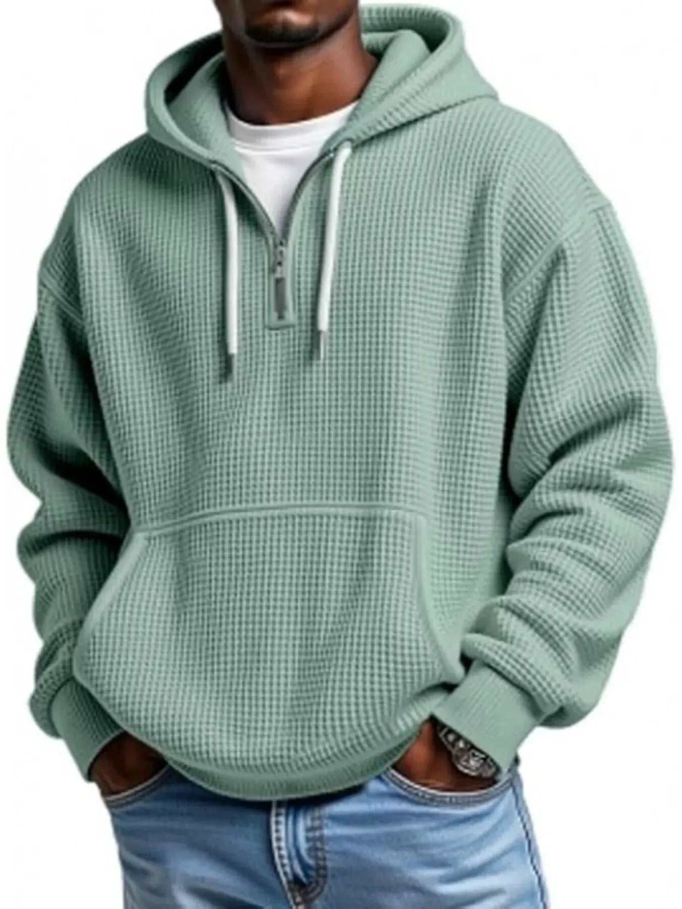 Men's Full Size Waffle Knit Quarter Zip Hoodie Plus Size by Trendsi