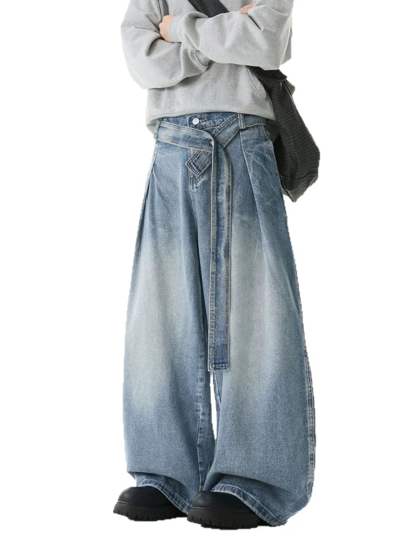 Men's Full Size Wash Belted Wide Leg Jeans Plus Size by Partner Label