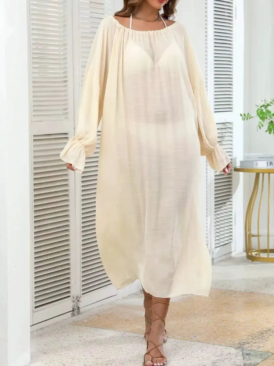 Backless Drawstring Back Flounce Sleeve Cover-Up by Partner Labels