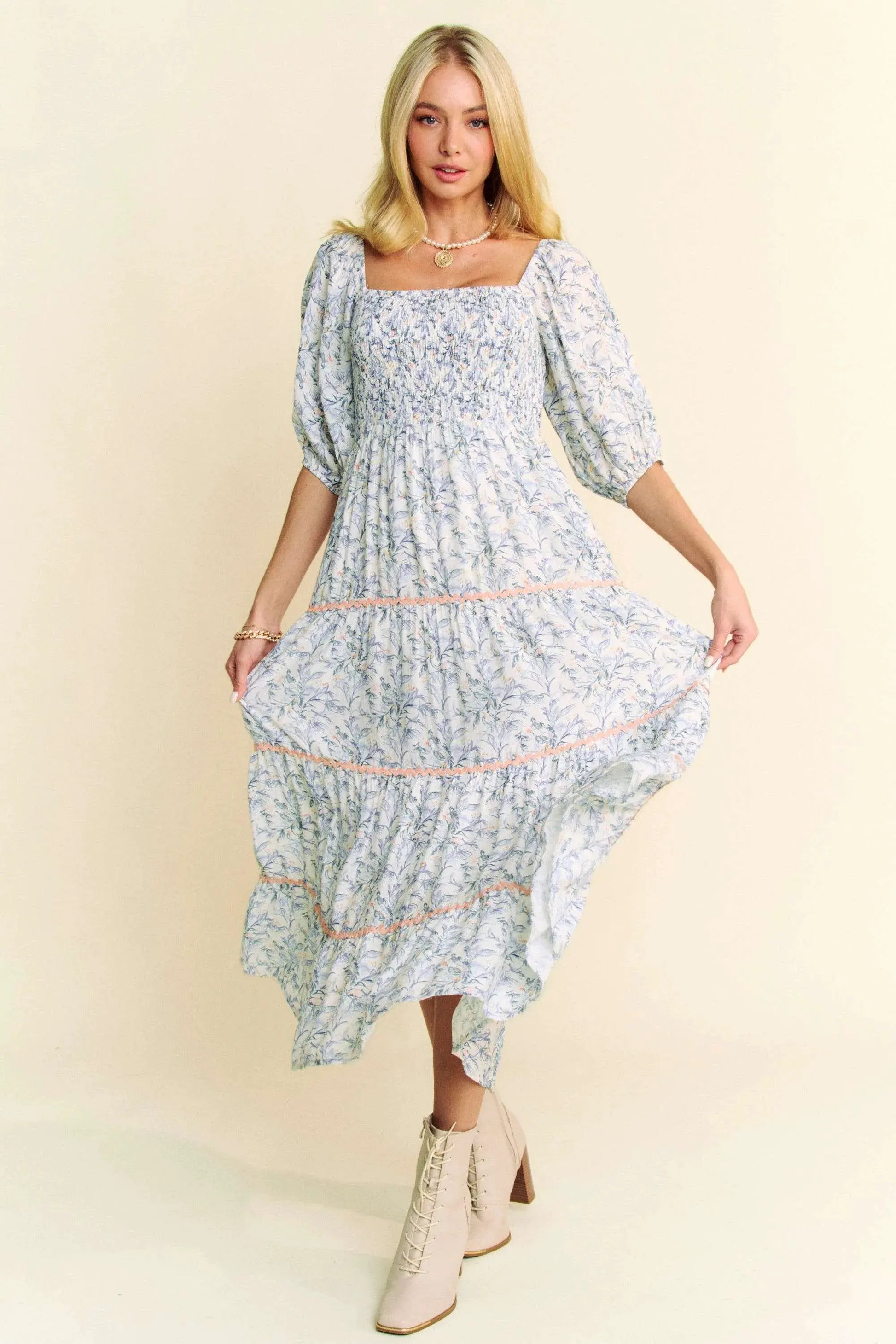 Davi & Dani Contrast Ric Smocking Bodice Tiered Midi Dress by Davi & Dani