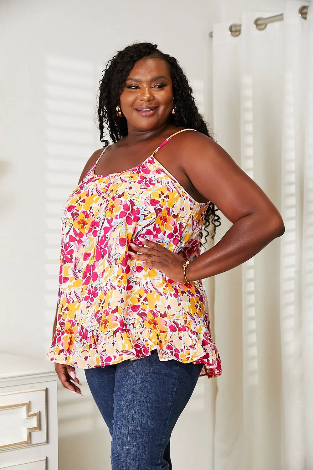 Double Take Floral Scoop Neck Ruffle Hem Cami by Double Take