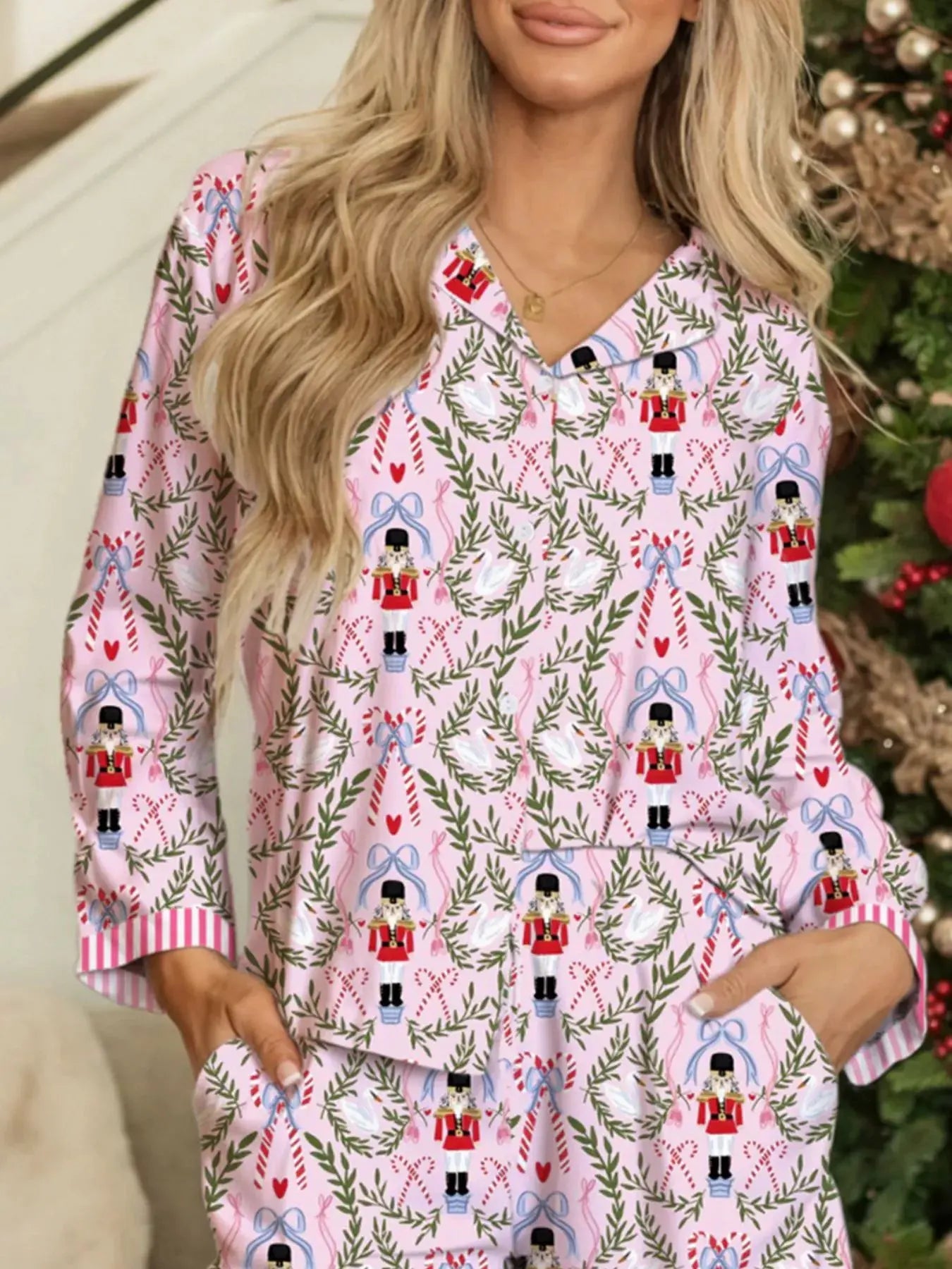 Christmas Holiday Print Nutcracker Long Sleeve Shorts 2pcs Pajama Set by Partner Label