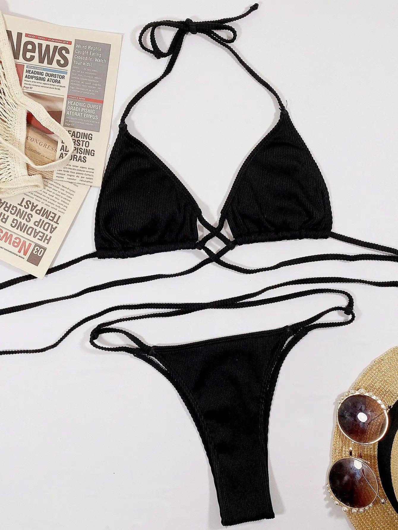 Halter Neck Crisscross Ribbed Bikini Set by Partner Label