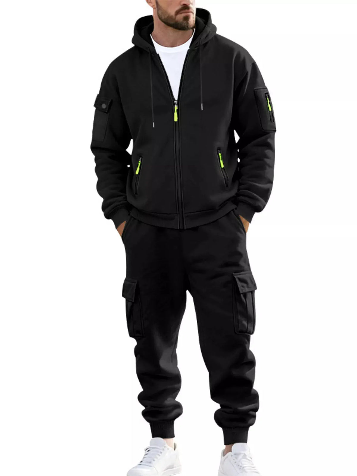 Men's Plus Size Casual Zip-Up Hoodie and Cargo Pants Set by Partner Label
