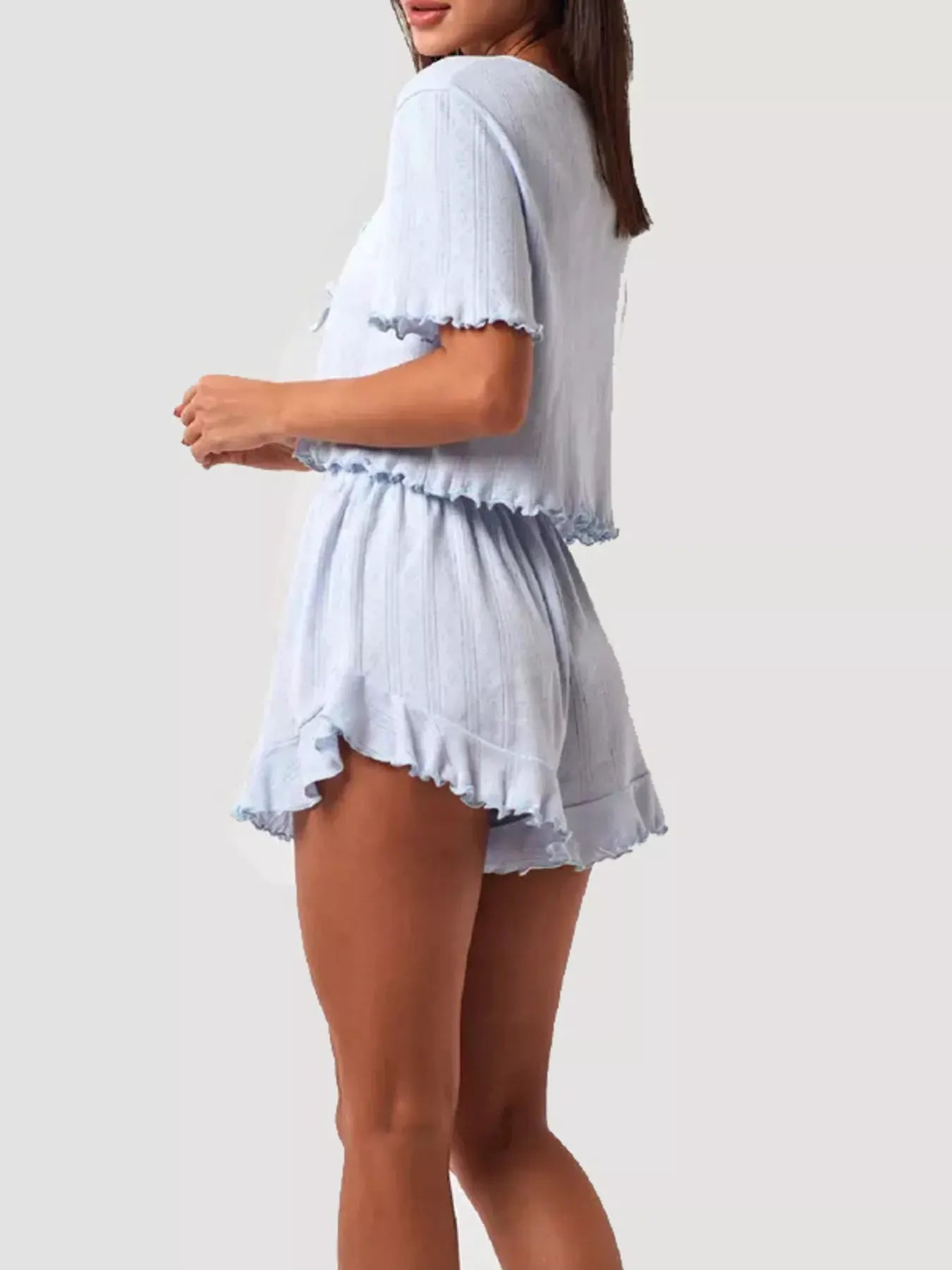 Tie Front Top and Ruffled Hem Shorts Set by Partner Label