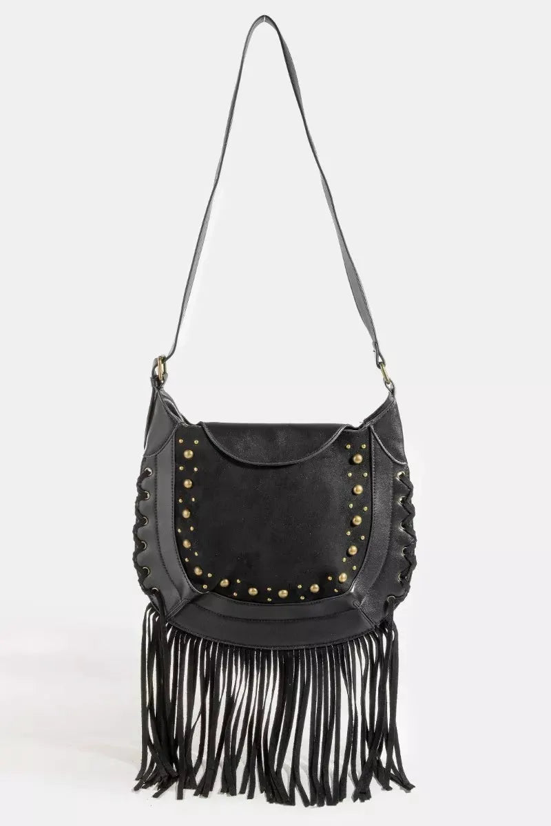 Fame Rivet Trim Suede Fringe Shoulder Bag by Fame