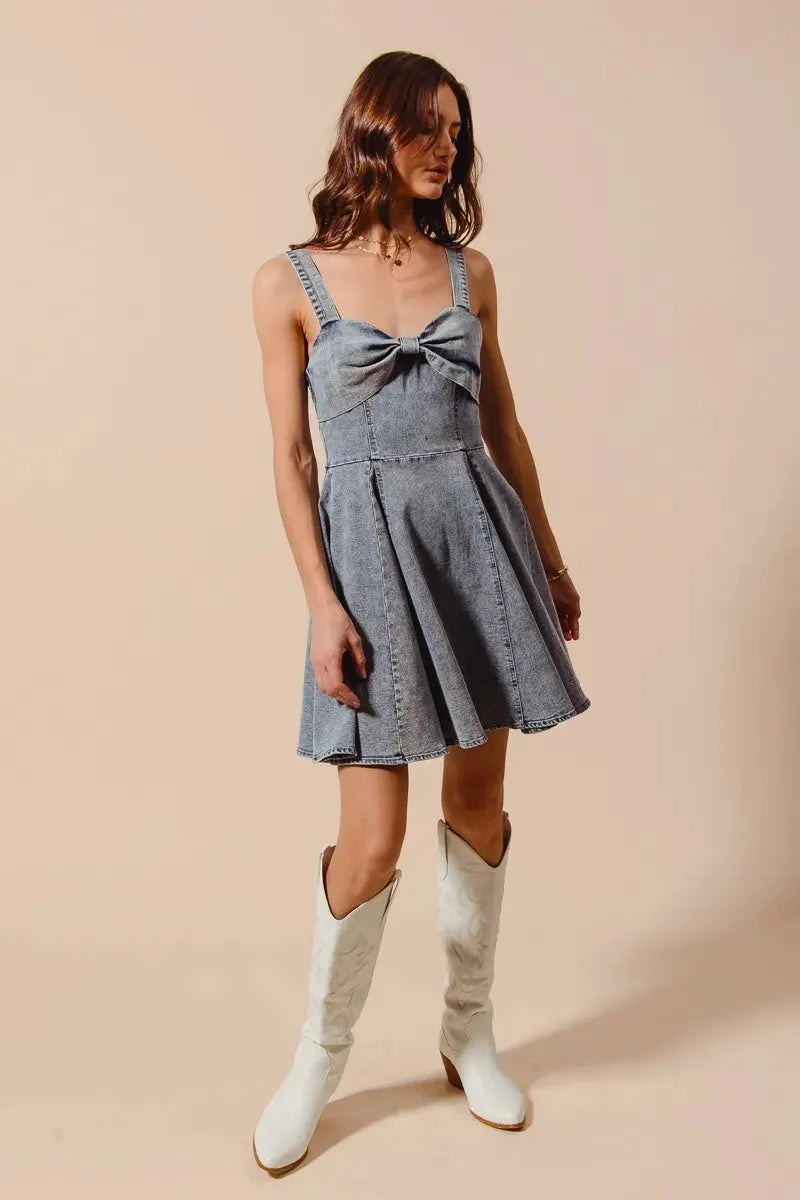 SO ME Mineral Washed Bow Ribbon Denim Flare Dress by Partner Label