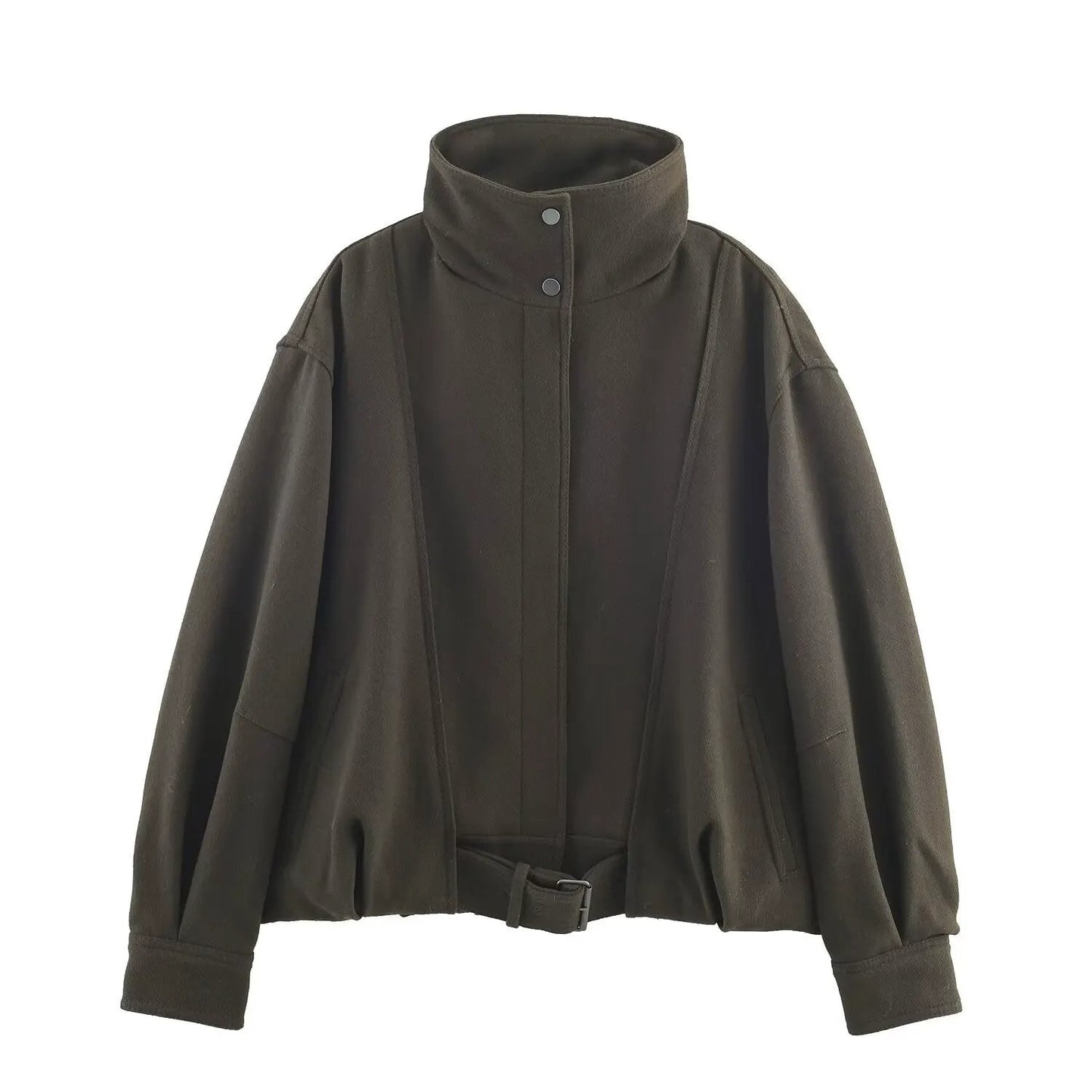 Women's Jacket Dark Olive Wool Blend BYMANYC ® New York SOHO BELTED HIGH COLLAR BOMBER - New Collection by BYMANYC ® New York