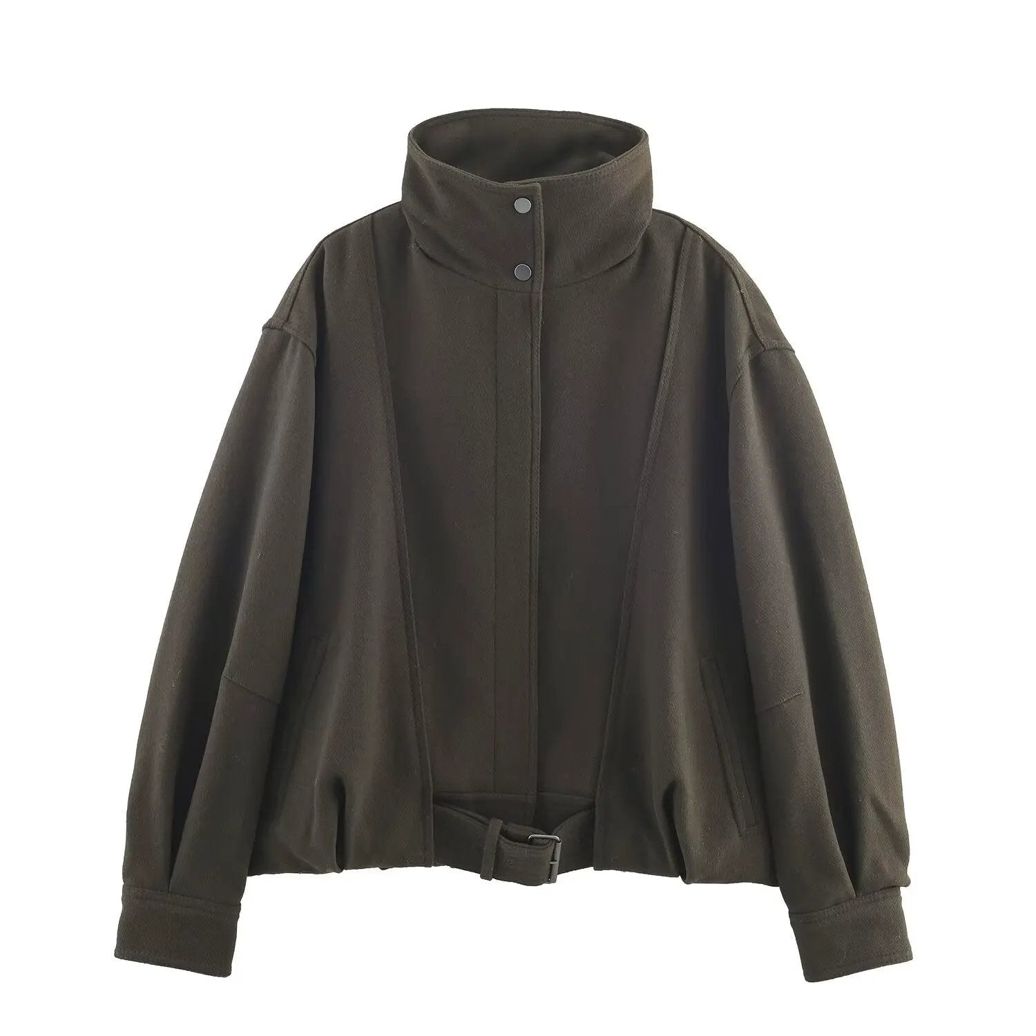 Women's Jacket Dark Olive Wool Blend BYMANYC ® New York SOHO BELTED HIGH COLLAR BOMBER - New Collection by BYMANYC ® New York