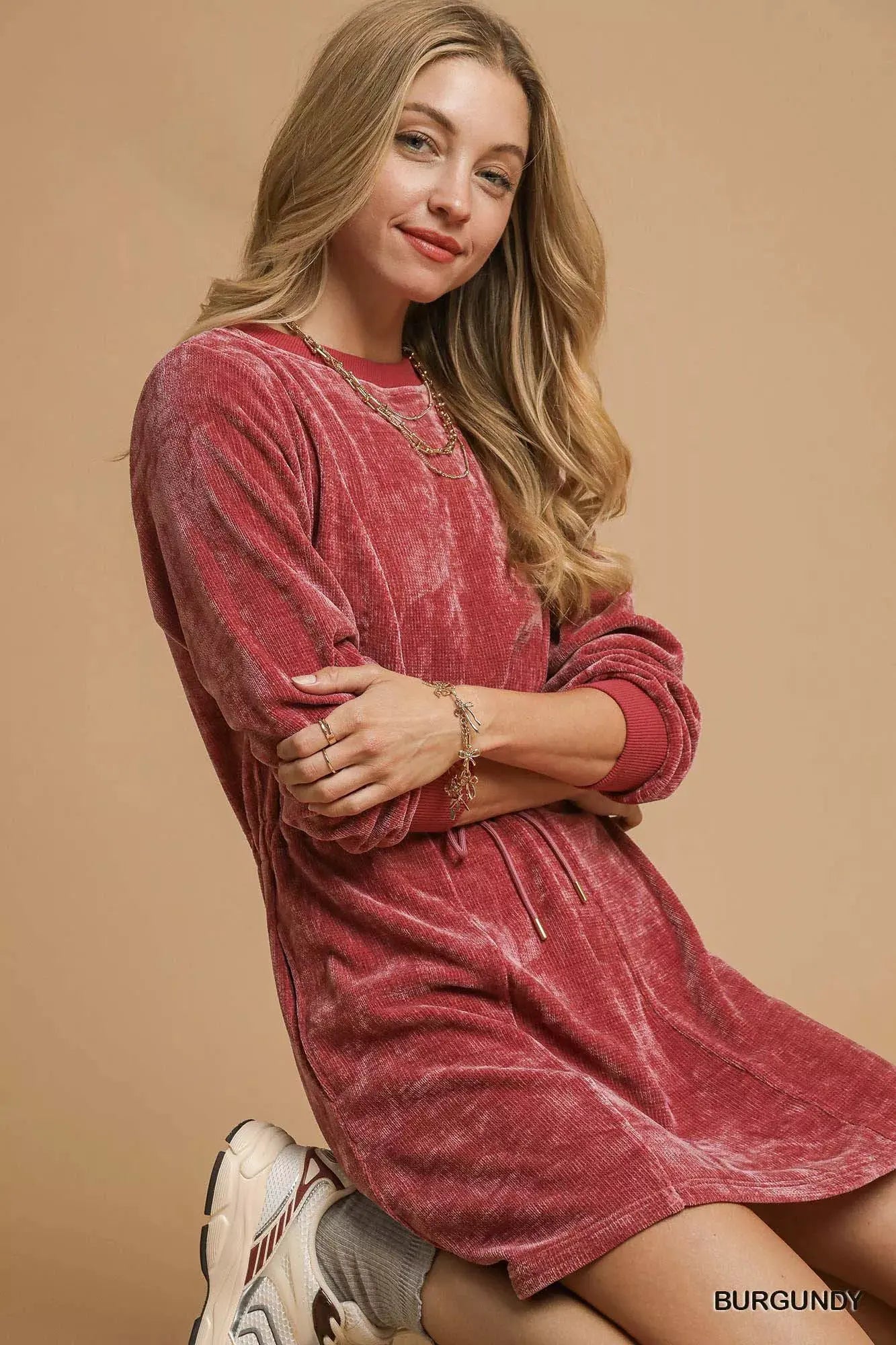 Umgee Velour Drawstring Mini Dress with Long Sleeves by Umgee
