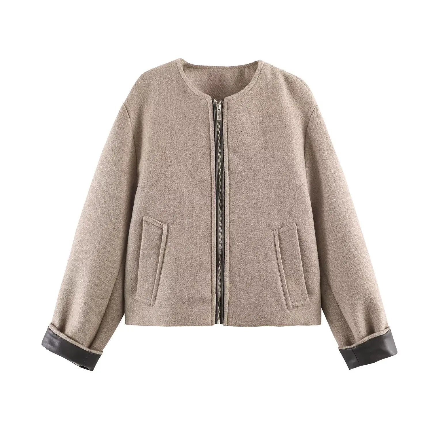 Women's Jacket Taupe Wool Blend Collarless BYMANYC ® New York SOHO LEATHER TRIM COLLARLESS JACKET - New Collection by BYMANYC ® New York