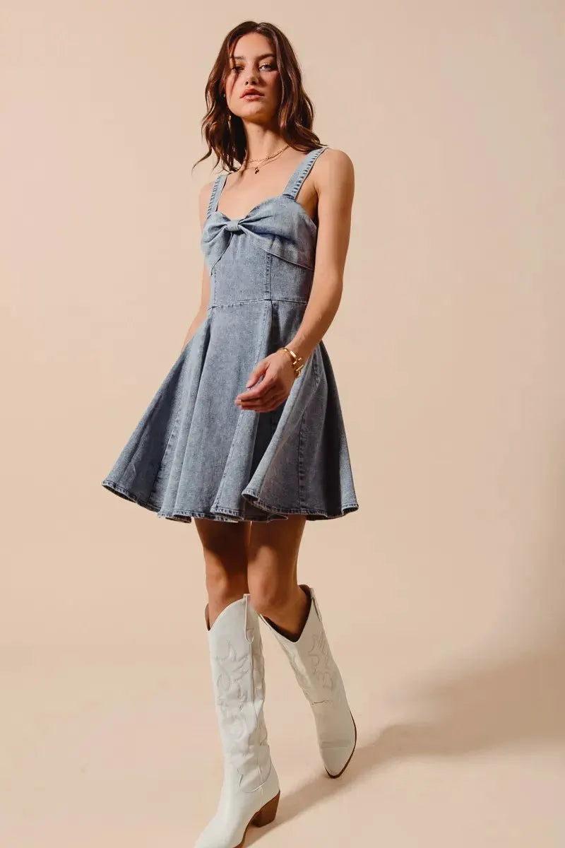 SO ME Mineral Washed Bow Ribbon Denim Flare Dress by Partner Label