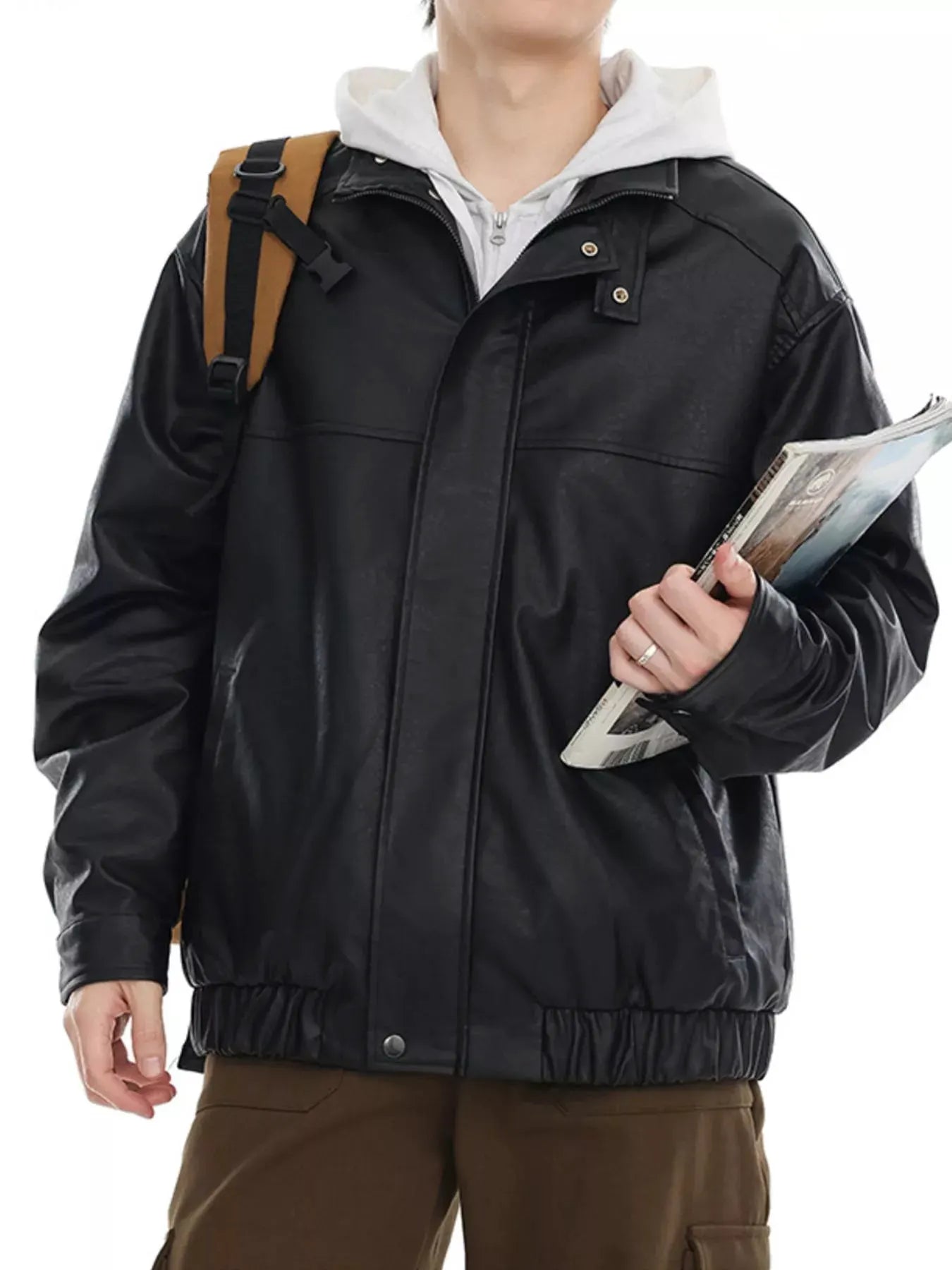 Men's Plus Size Zip Up Leather Bomber Jacket by Partner Label